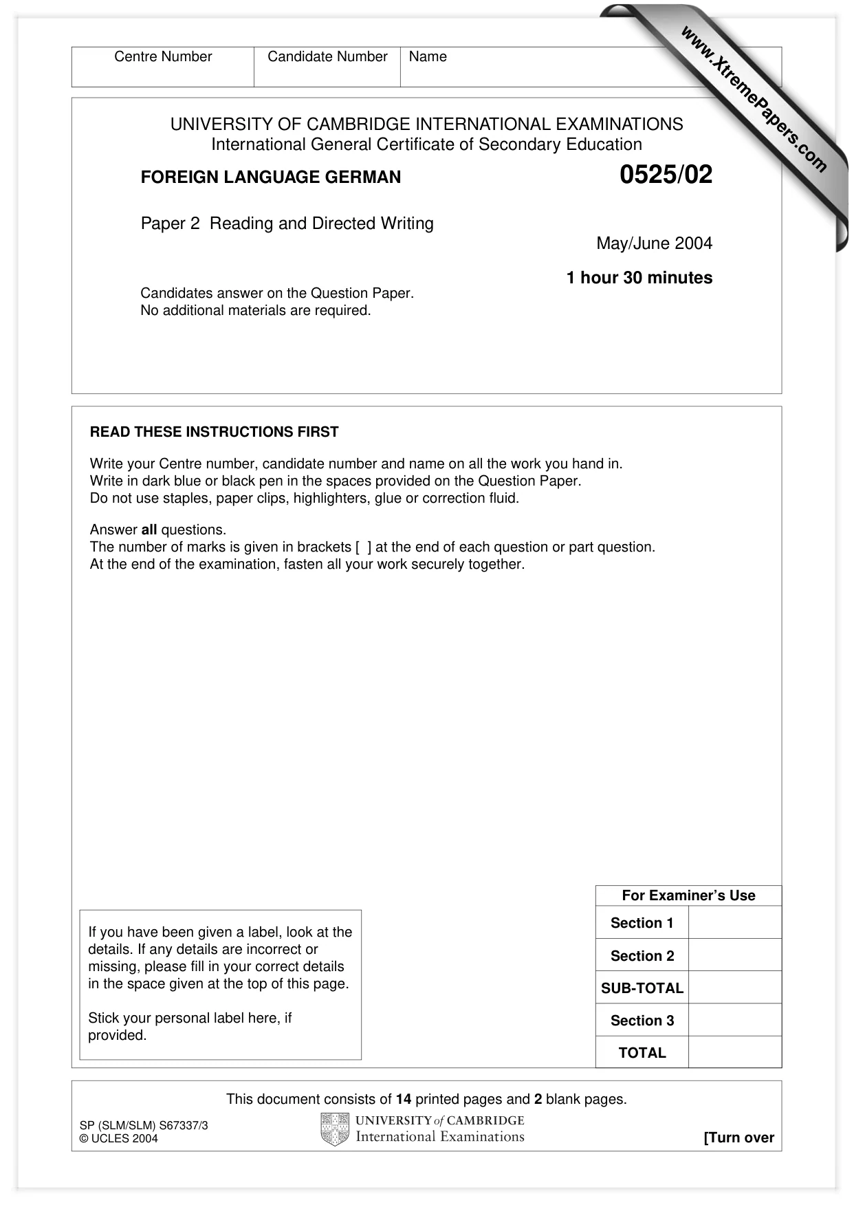 Cambridge IGCSE German - Foreign Language 0525 2004 May/June Paper 2 · Variant 1 question paper, page 1 of 16