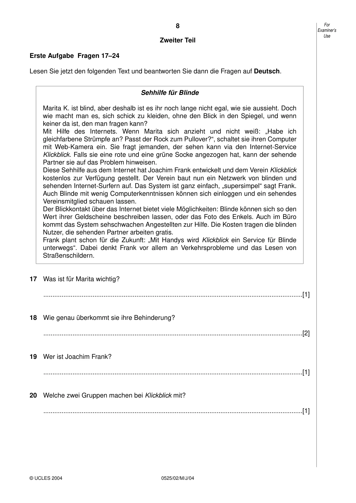 Cambridge IGCSE German - Foreign Language 0525 2004 May/June Paper 2 · Variant 1 question paper, page 8 of 16