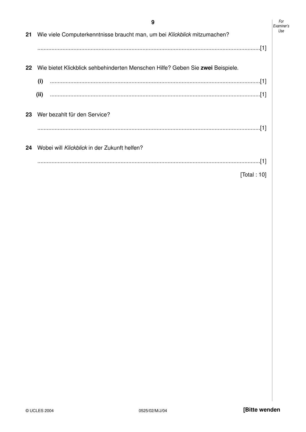 Cambridge IGCSE German - Foreign Language 0525 2004 May/June Paper 2 · Variant 1 question paper, page 9 of 16