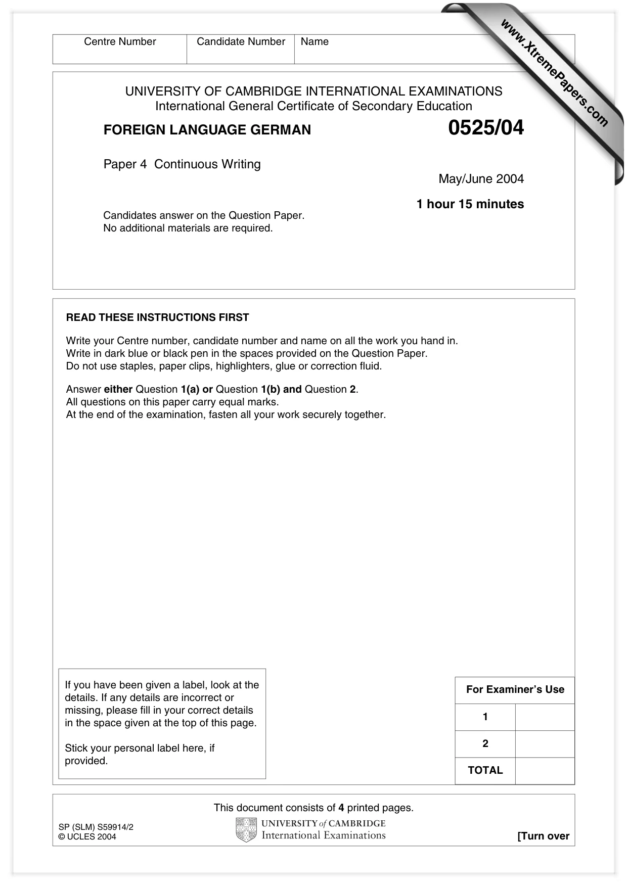 Cambridge IGCSE German - Foreign Language 0525 2004 May/June Paper 4 · Variant 1 question paper, page 1 of 4