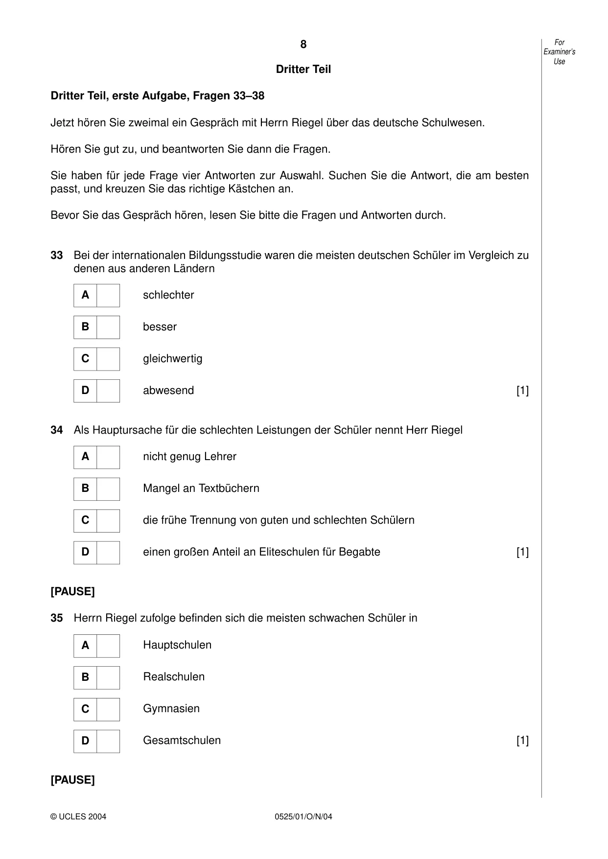Cambridge IGCSE German - Foreign Language 0525 2004 Oct/Nov Paper 1 · Variant 1 question paper, page 8 of 12