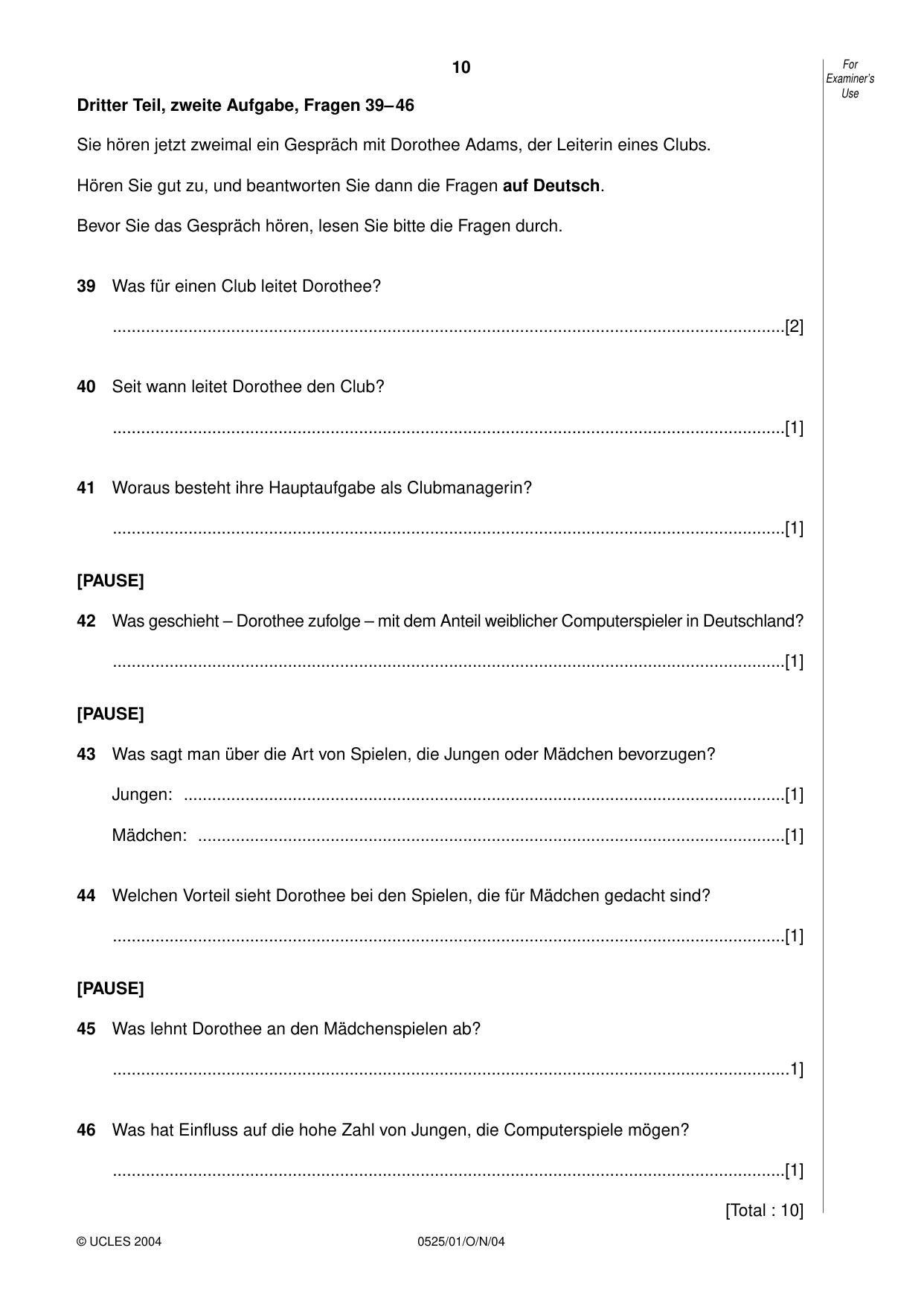 Cambridge IGCSE German - Foreign Language 0525 2004 Oct/Nov Paper 1 · Variant 1 question paper, page 10 of 12