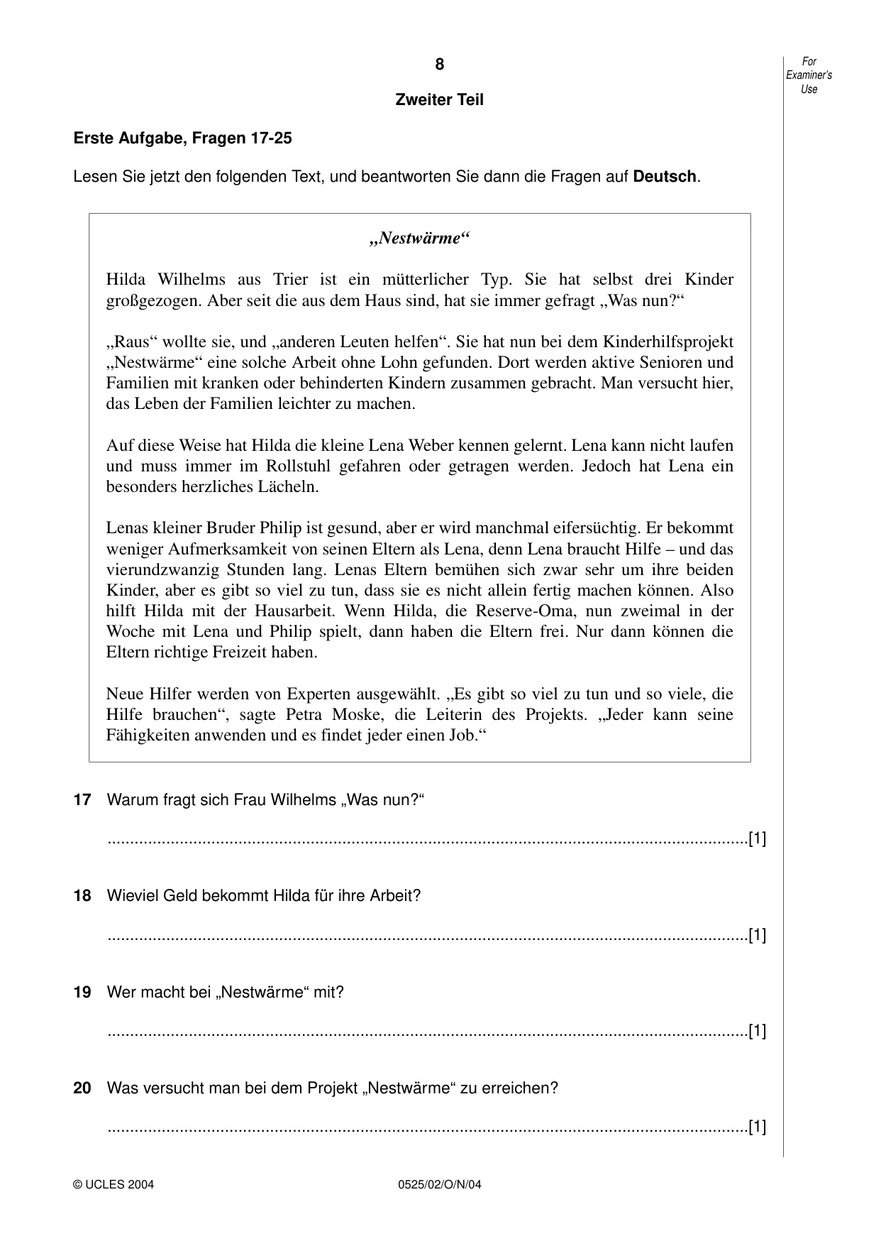 Cambridge IGCSE German - Foreign Language 0525 2004 Oct/Nov Paper 2 · Variant 1 question paper, page 8 of 16