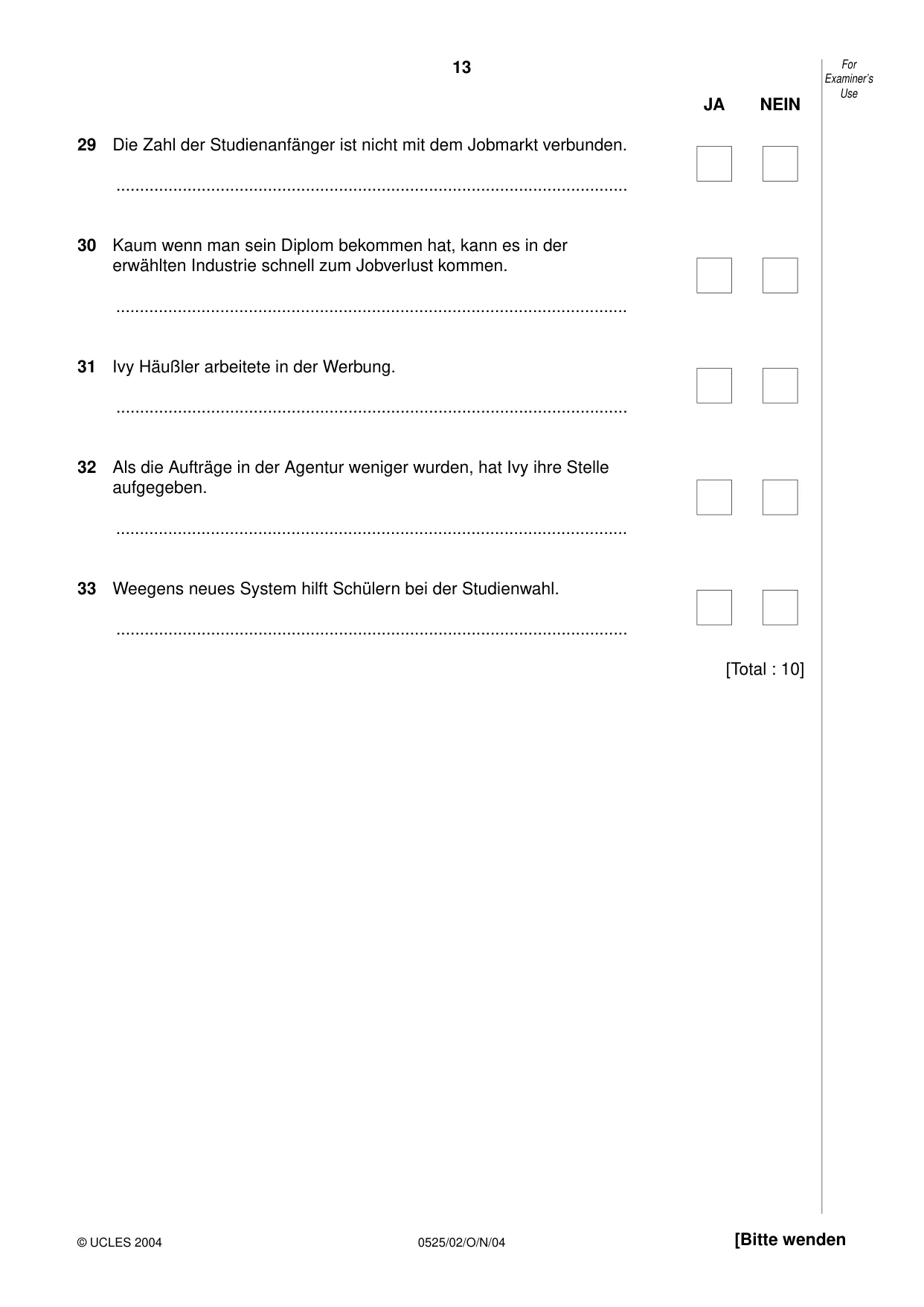 Cambridge IGCSE German - Foreign Language 0525 2004 Oct/Nov Paper 2 · Variant 1 question paper, page 13 of 16