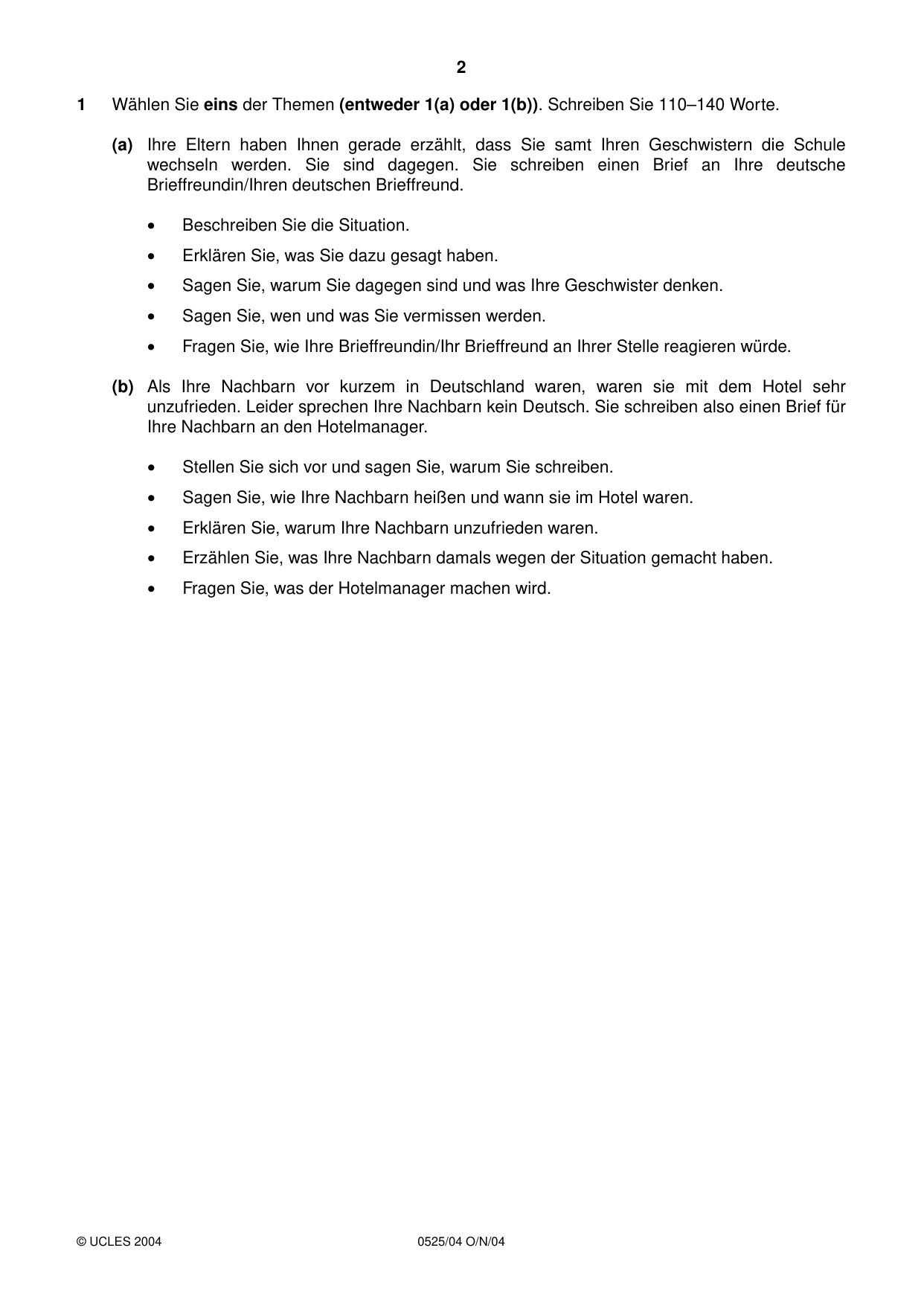 Cambridge IGCSE German - Foreign Language 0525 2004 Oct/Nov Paper 4 · Variant 1 question paper, page 2 of 4