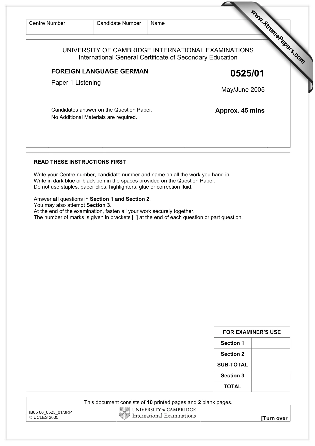 Cambridge IGCSE German - Foreign Language 0525 2005 May/June Paper 1 · Variant 1 question paper, page 1 of 12