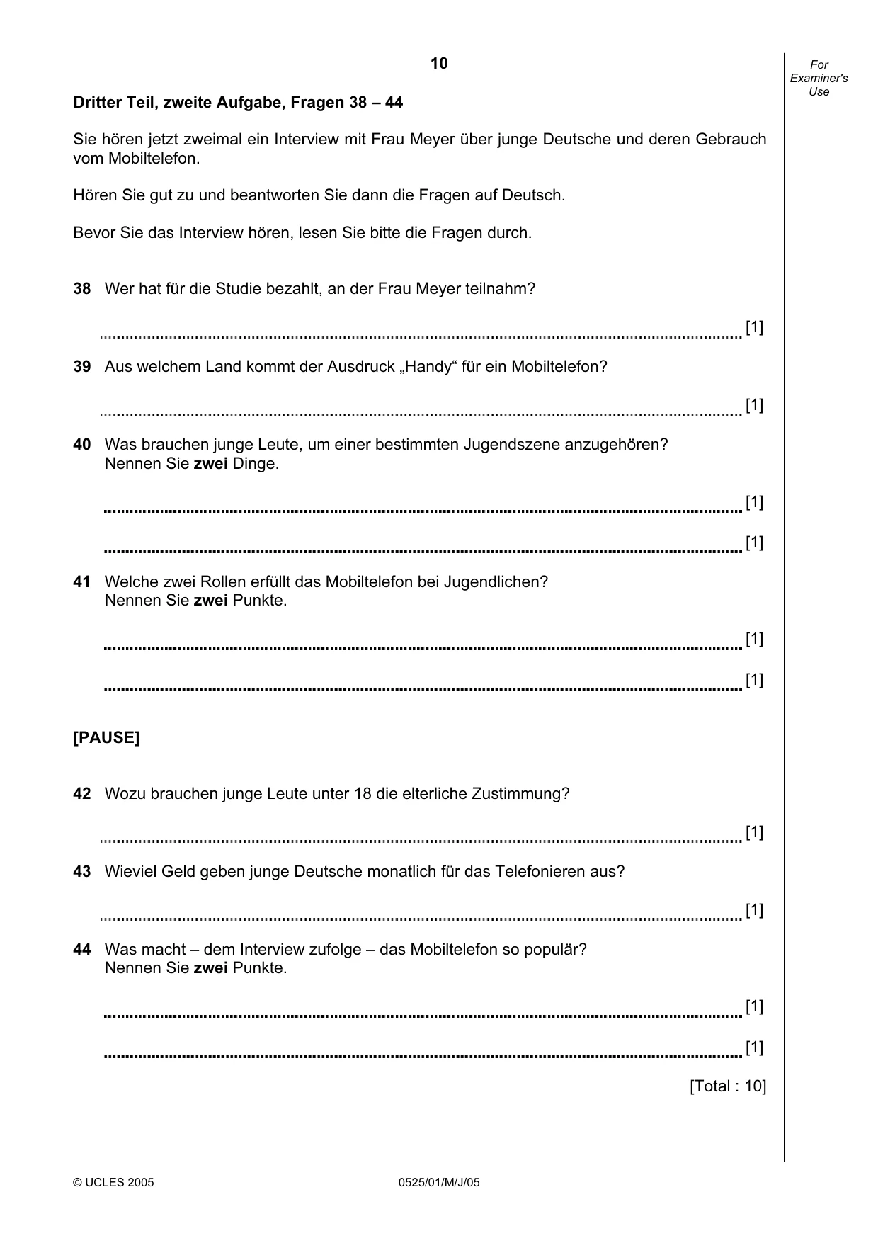 Cambridge IGCSE German - Foreign Language 0525 2005 May/June Paper 1 · Variant 1 question paper, page 10 of 12