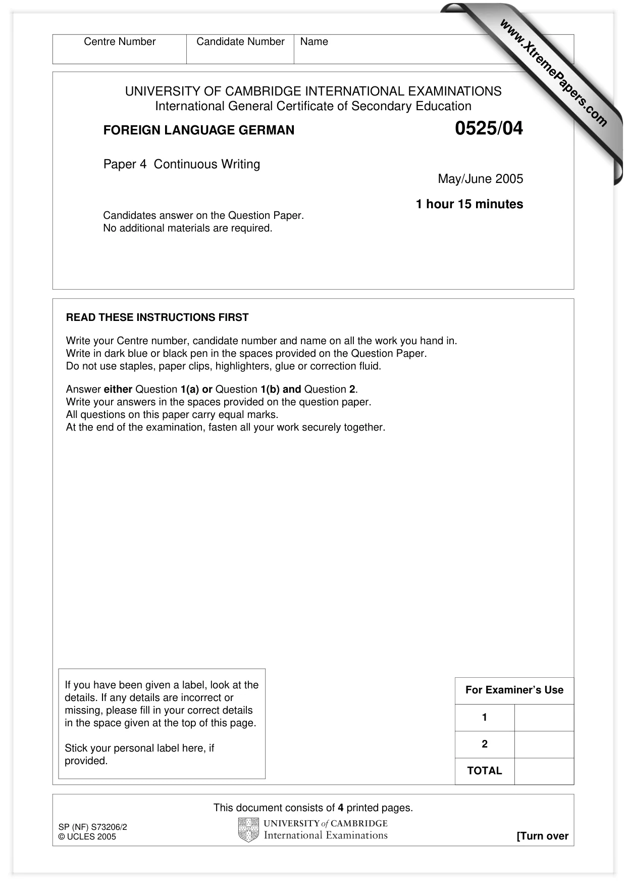 Cambridge IGCSE German - Foreign Language 0525 2005 May/June Paper 4 · Variant 1 question paper, page 1 of 4