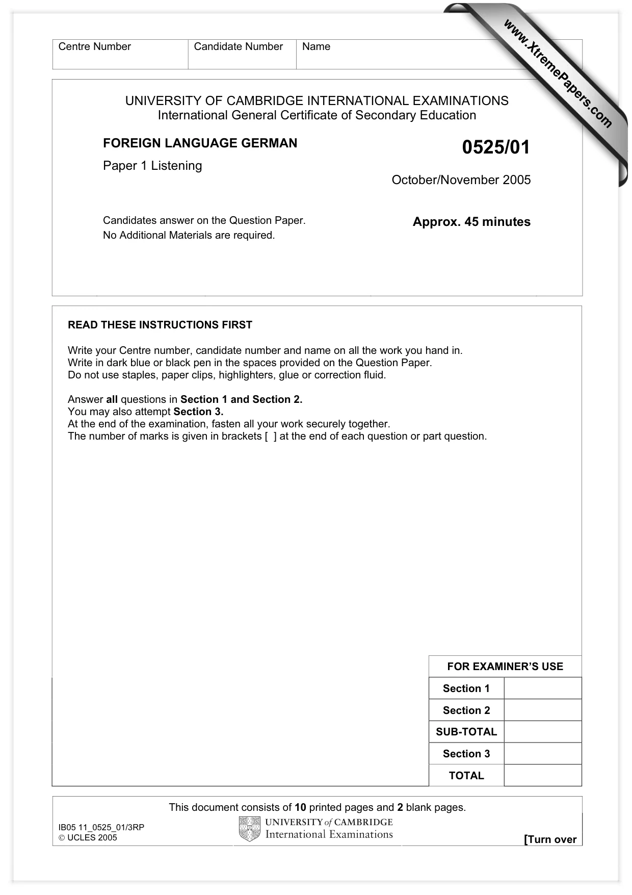 Cambridge IGCSE German - Foreign Language 0525 2005 Oct/Nov Paper 1 · Variant 1 question paper, page 1 of 12