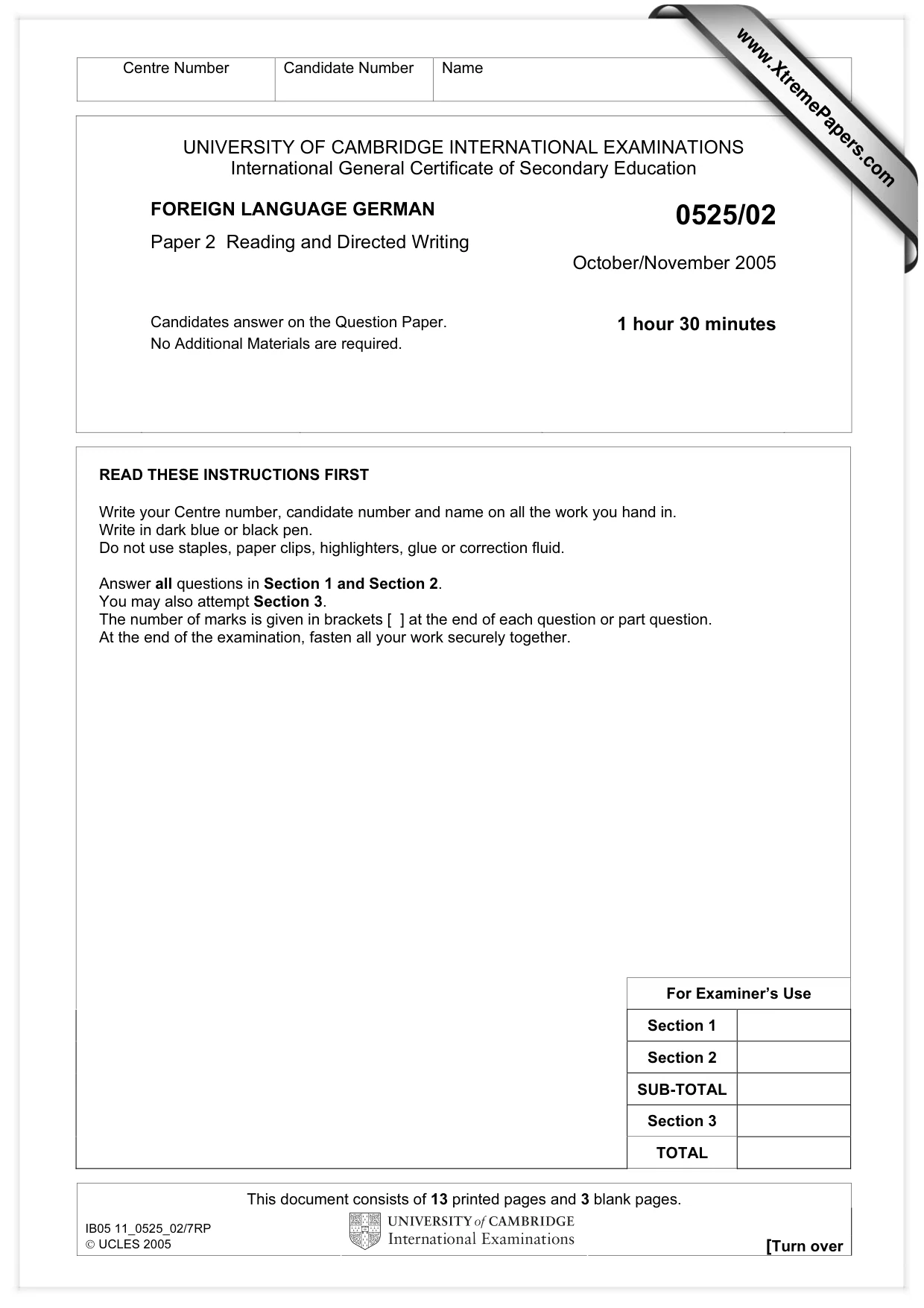 Cambridge IGCSE German - Foreign Language 0525 2005 Oct/Nov Paper 2 · Variant 1 question paper, page 1 of 16