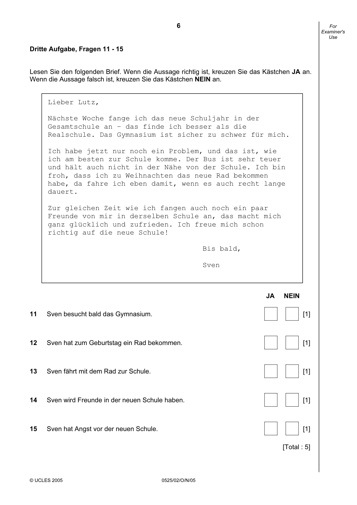 Cambridge IGCSE German - Foreign Language 0525 2005 Oct/Nov Paper 2 · Variant 1 question paper, page 6 of 16