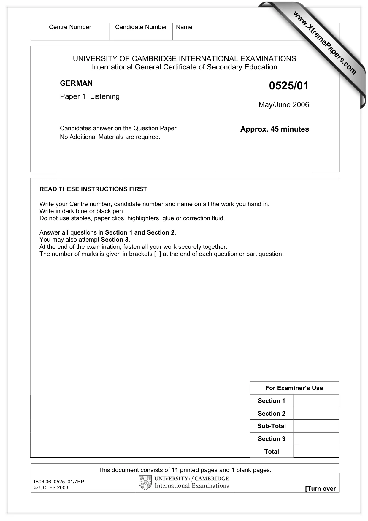Cambridge IGCSE German - Foreign Language 0525 2006 May/June Paper 1 · Variant 1 question paper, page 1 of 12