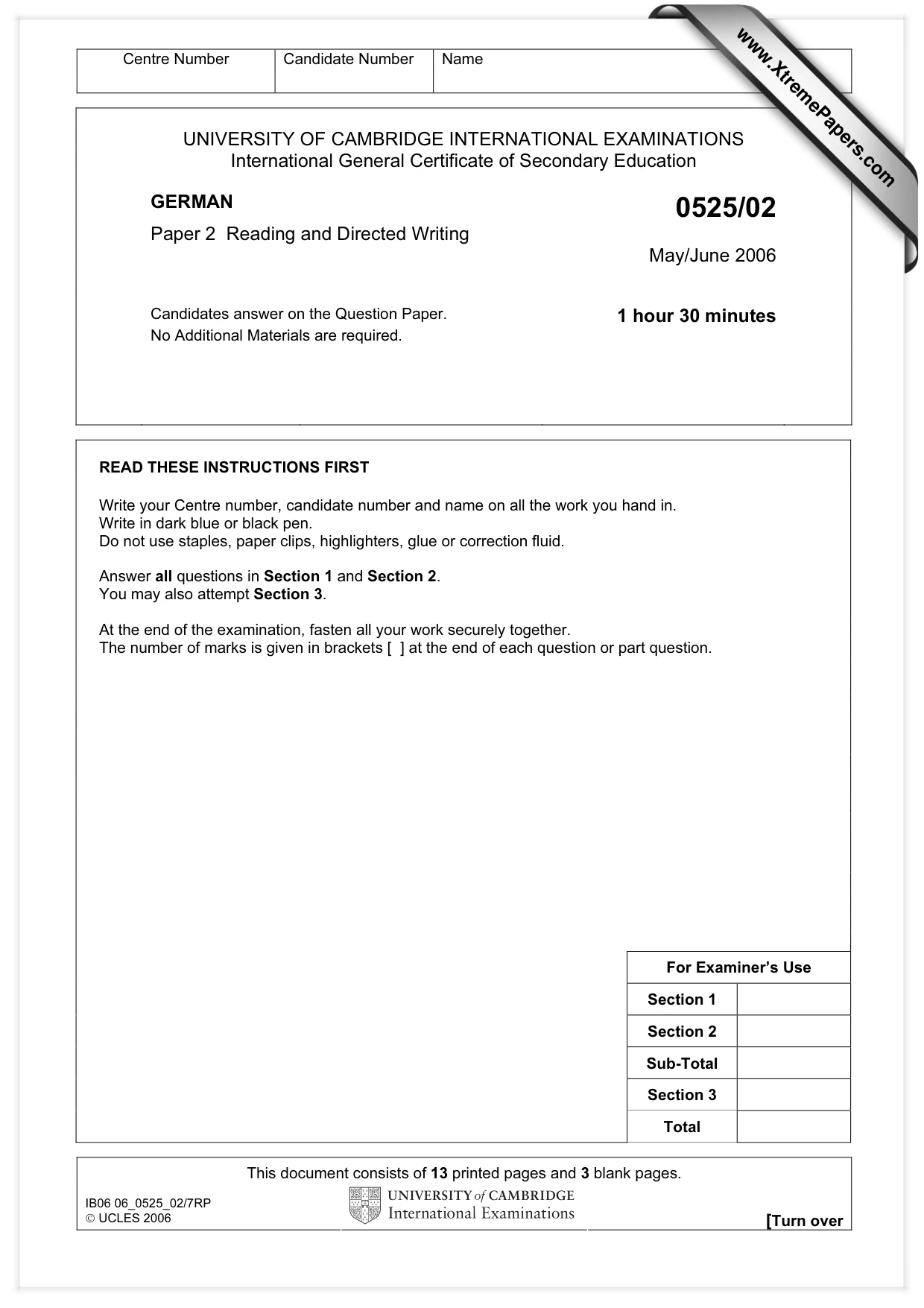 Cambridge IGCSE German - Foreign Language 0525 2006 May/June Paper 2 · Variant 1 question paper, page 1 of 16
