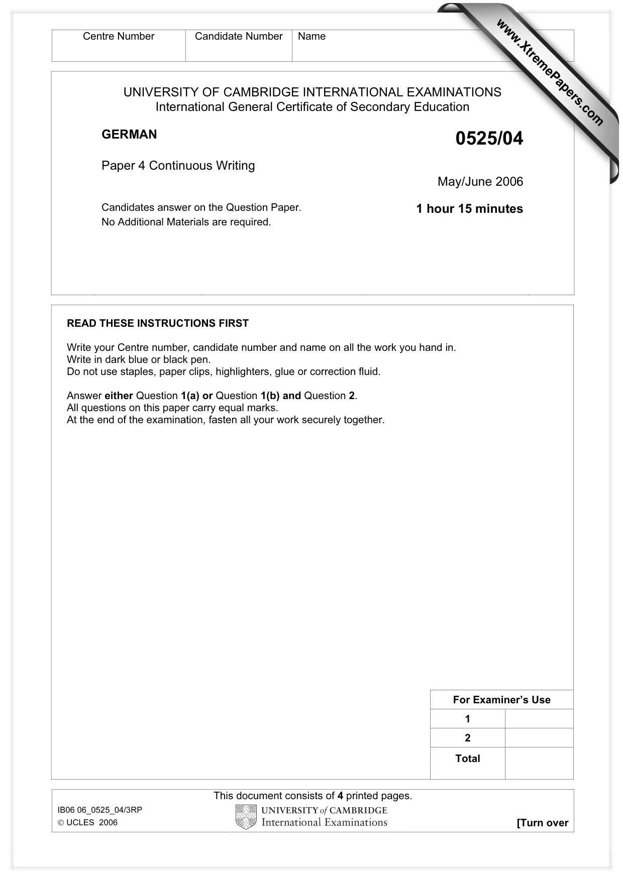 Cambridge IGCSE German - Foreign Language 0525 2006 May/June Paper 4 · Variant 1 question paper, page 1 of 4