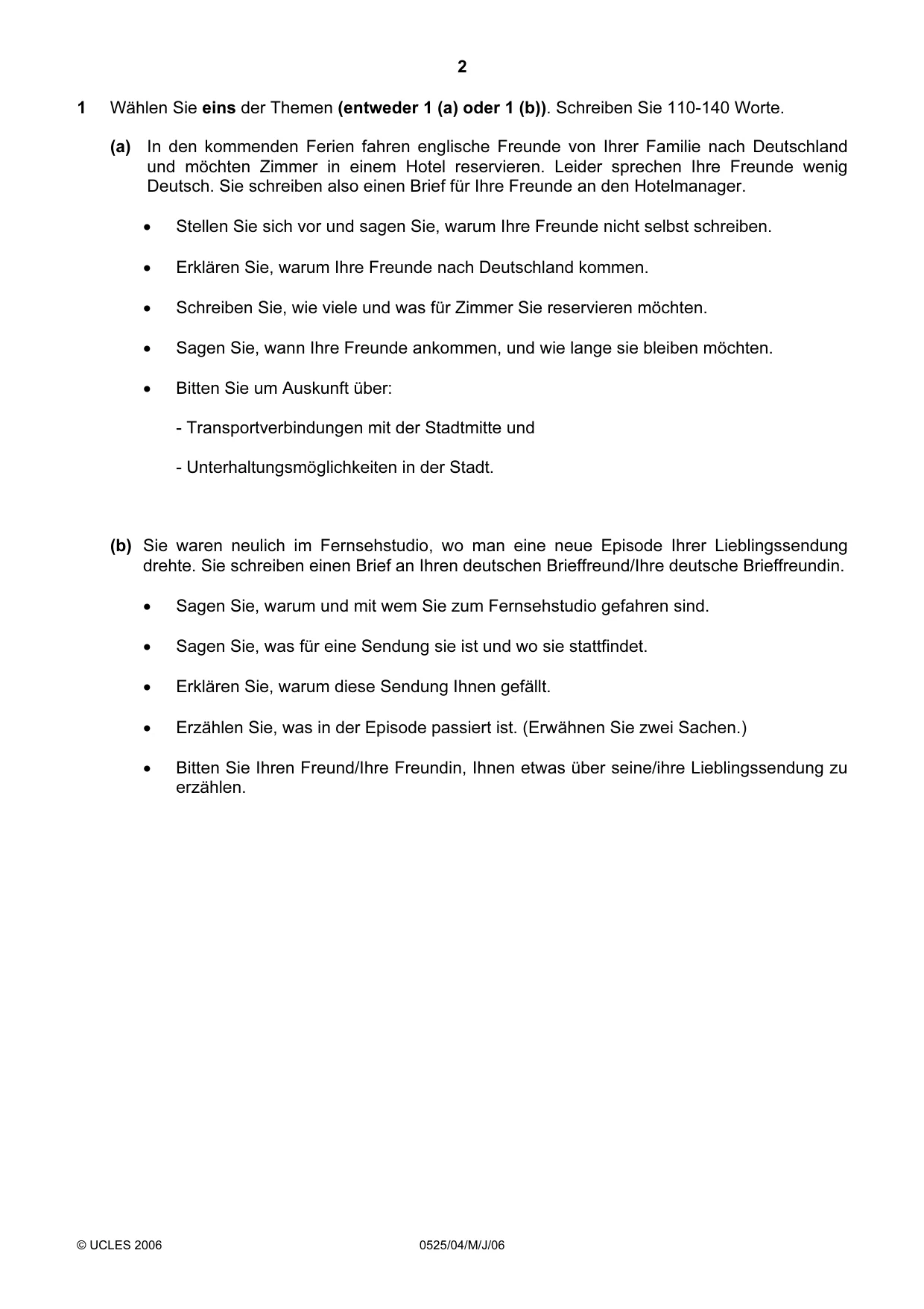 Cambridge IGCSE German - Foreign Language 0525 2006 May/June Paper 4 · Variant 1 question paper, page 2 of 4