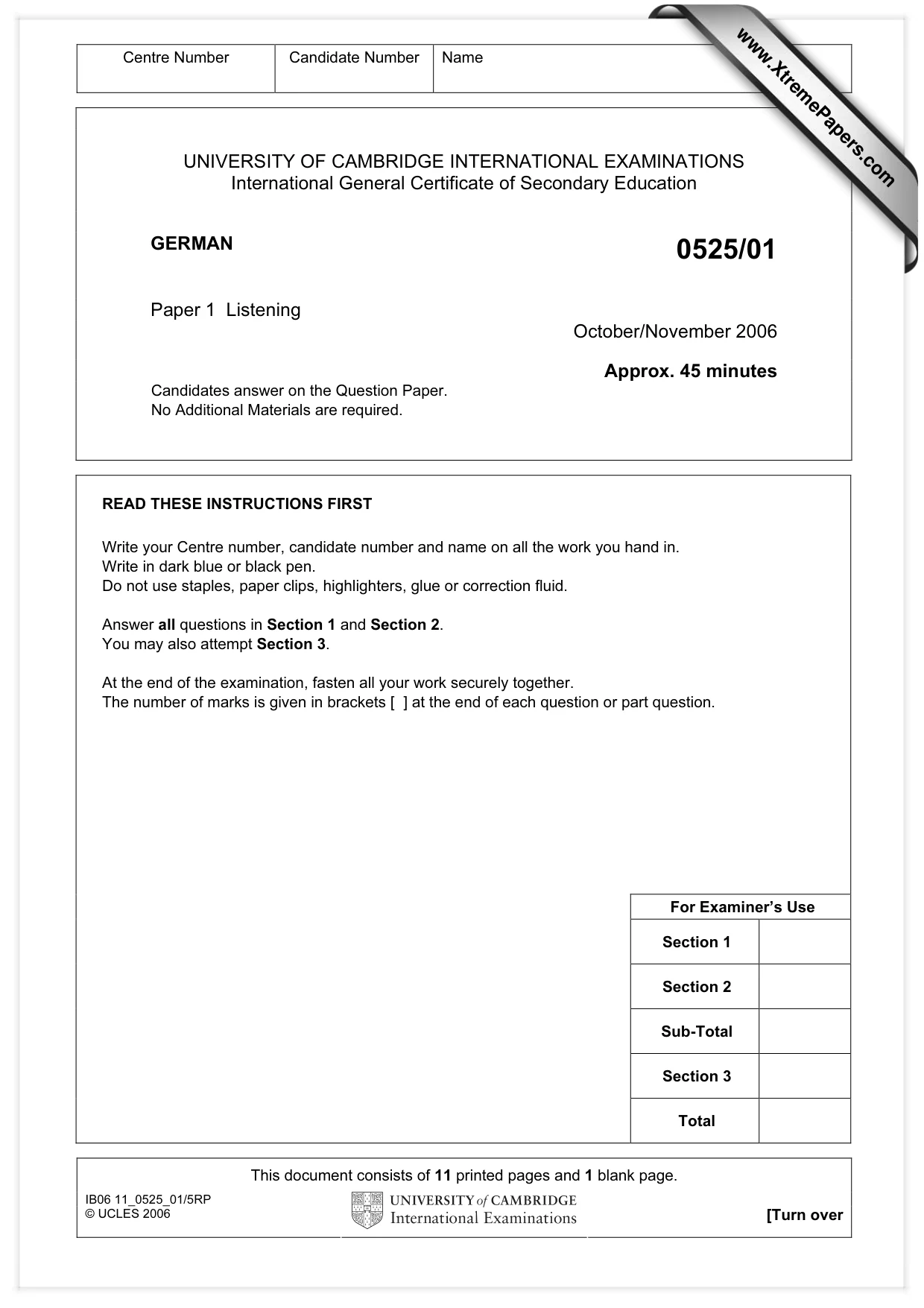Cambridge IGCSE German - Foreign Language 0525 2006 Oct/Nov Paper 1 · Variant 1 question paper, page 1 of 12
