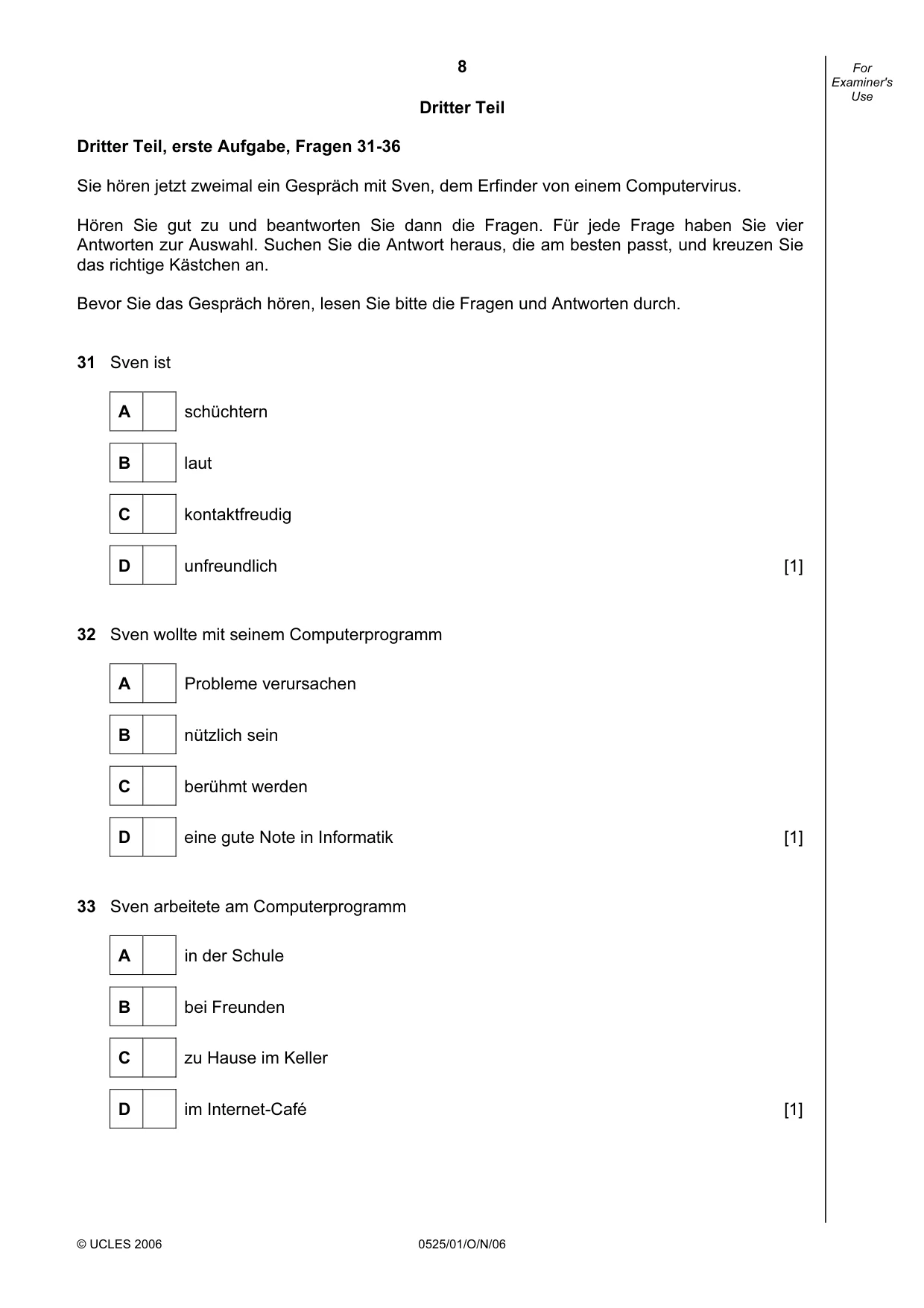 Cambridge IGCSE German - Foreign Language 0525 2006 Oct/Nov Paper 1 · Variant 1 question paper, page 8 of 12