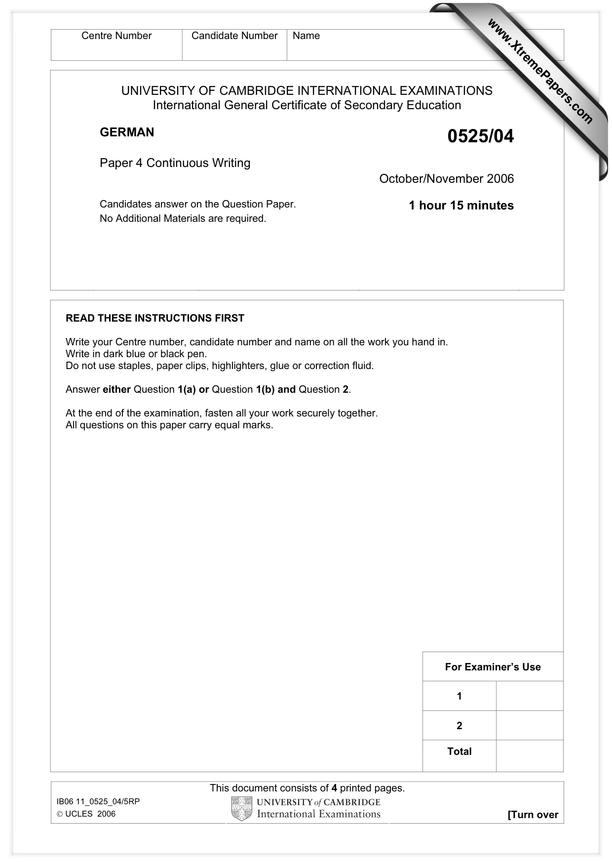Cambridge IGCSE German - Foreign Language 0525 2006 Oct/Nov Paper 4 · Variant 1 question paper, page 1 of 4