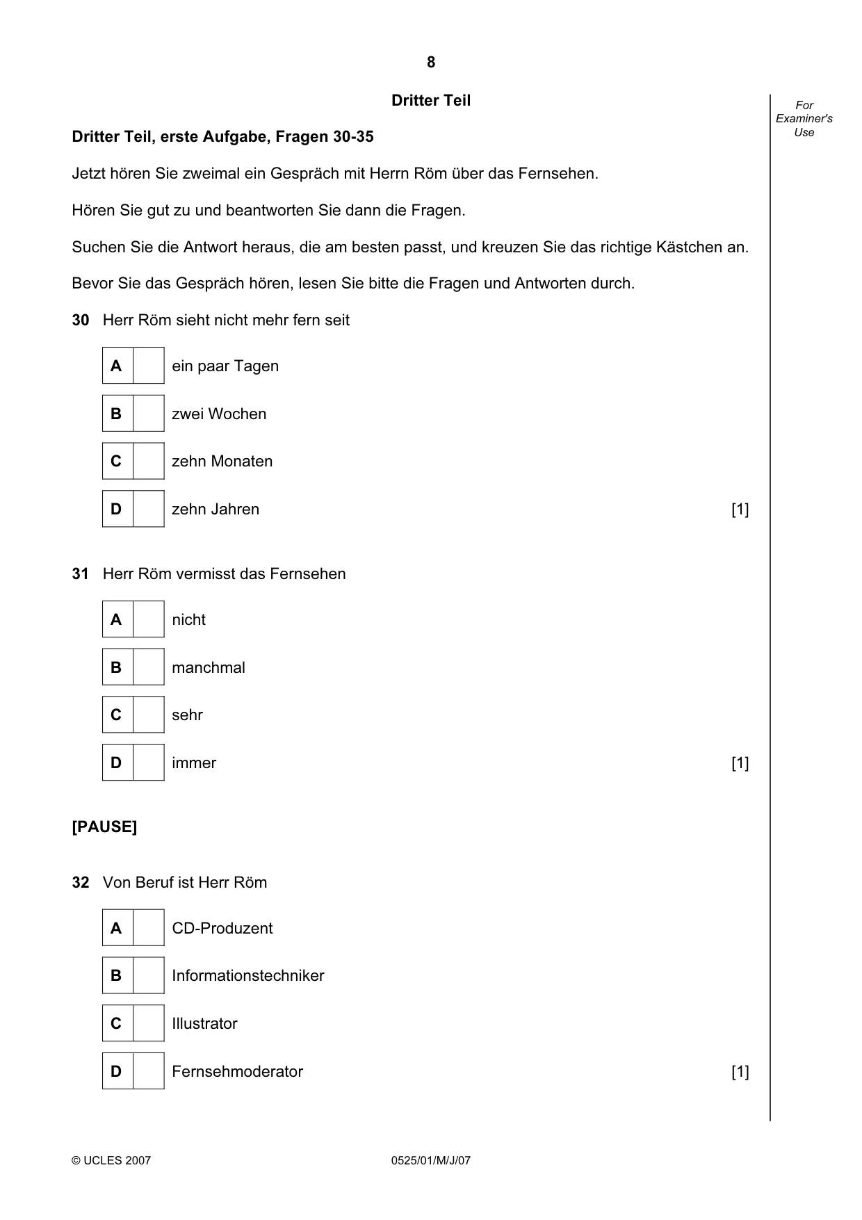 Cambridge IGCSE German - Foreign Language 0525 2007 May/June Paper 1 · Variant 1 question paper, page 8 of 12