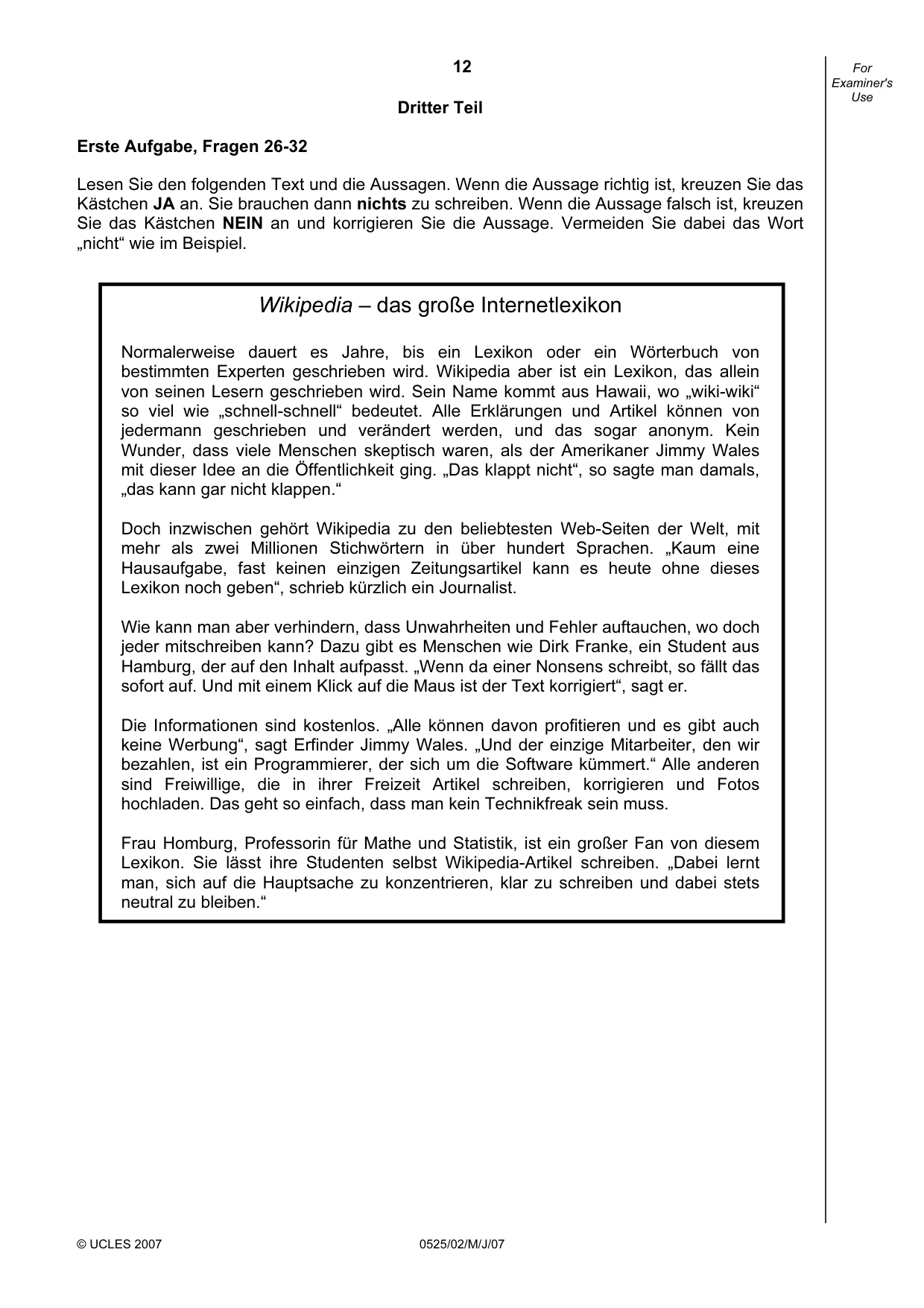 Cambridge IGCSE German - Foreign Language 0525 2007 May/June Paper 2 · Variant 1 question paper, page 12 of 16
