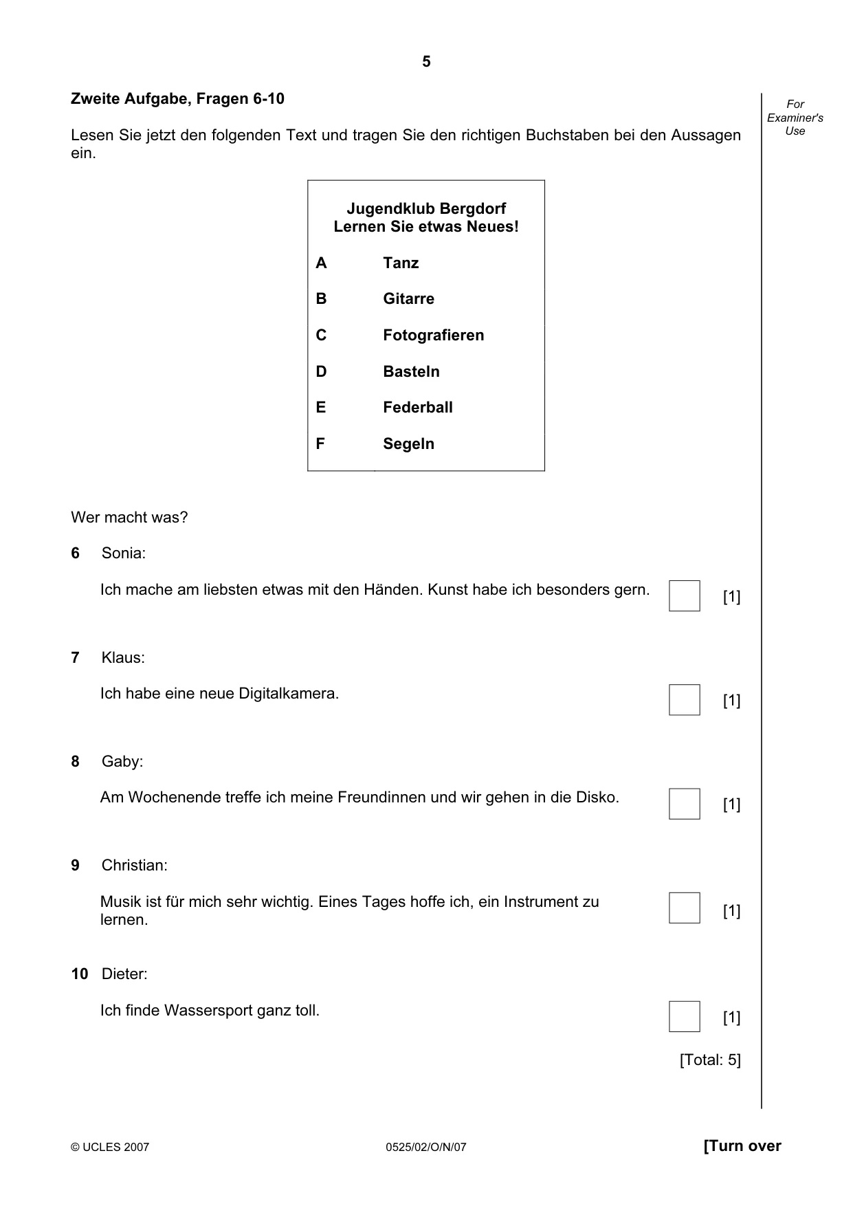 Cambridge IGCSE German - Foreign Language 0525 2007 Oct/Nov Paper 2 · Variant 1 question paper, page 5 of 16