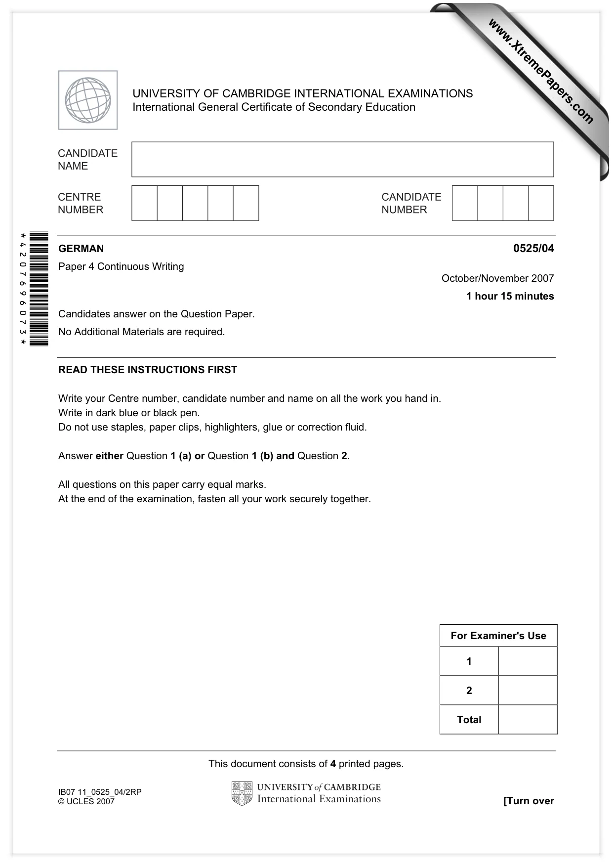 Cambridge IGCSE German - Foreign Language 0525 2007 Oct/Nov Paper 4 · Variant 1 question paper, page 1 of 4