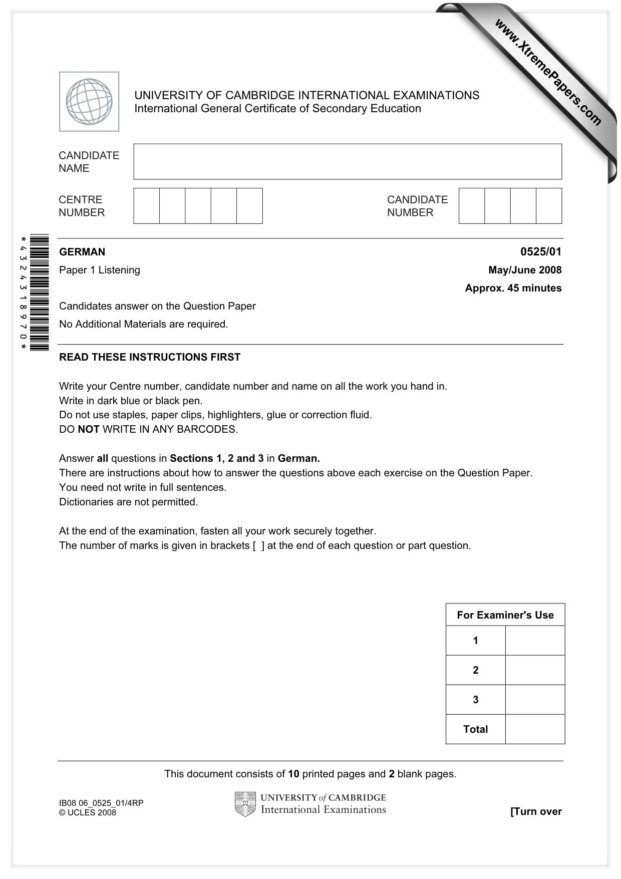 Cambridge IGCSE German - Foreign Language 0525 2008 May/June Paper 1 · Variant 1 question paper, page 1 of 12