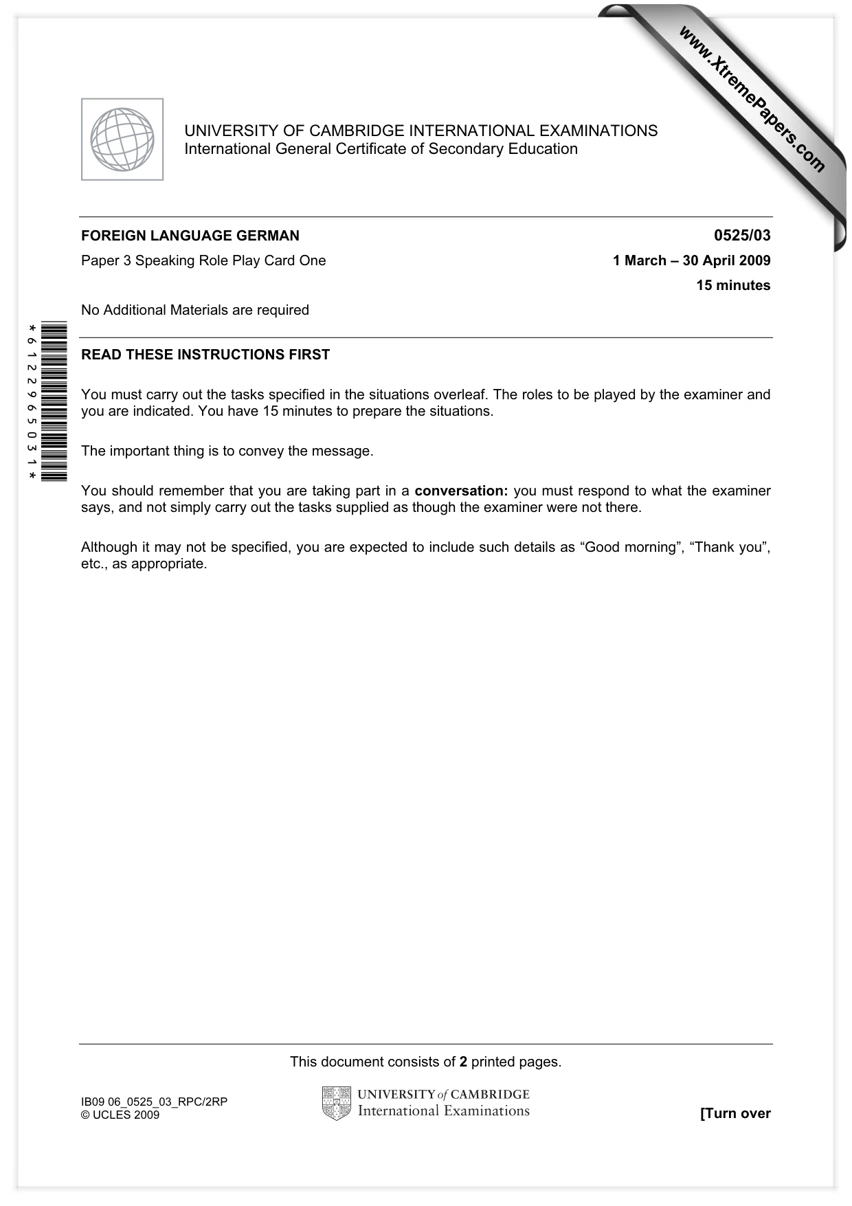 Cambridge IGCSE German - Foreign Language 0525 2009 May/June Paper 3 · Variant 1 question paper, page 1 of 18