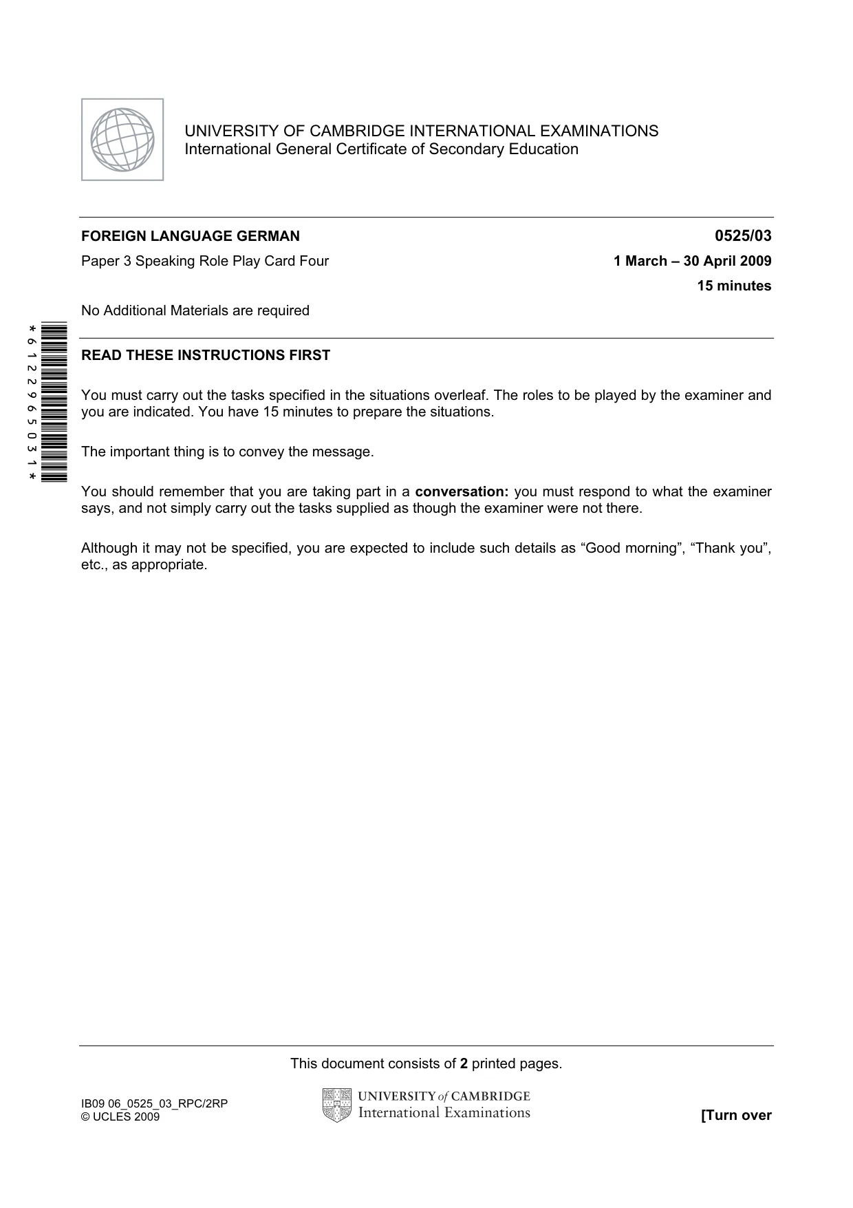 Cambridge IGCSE German - Foreign Language 0525 2009 May/June Paper 3 · Variant 1 question paper, page 7 of 18