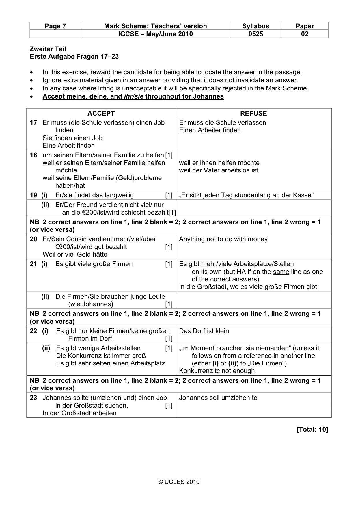 Mark scheme, page 7 of 10