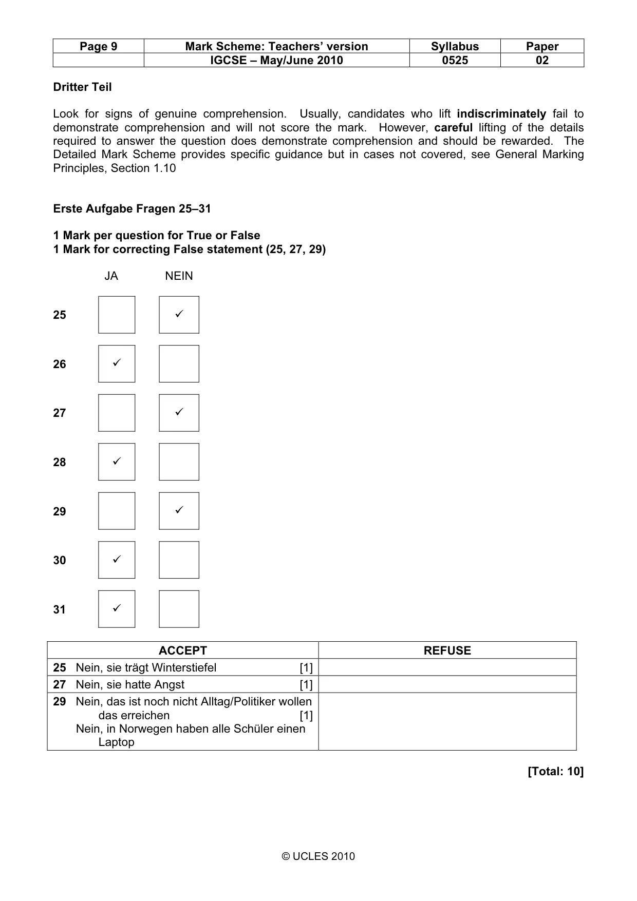 Mark scheme, page 9 of 10
