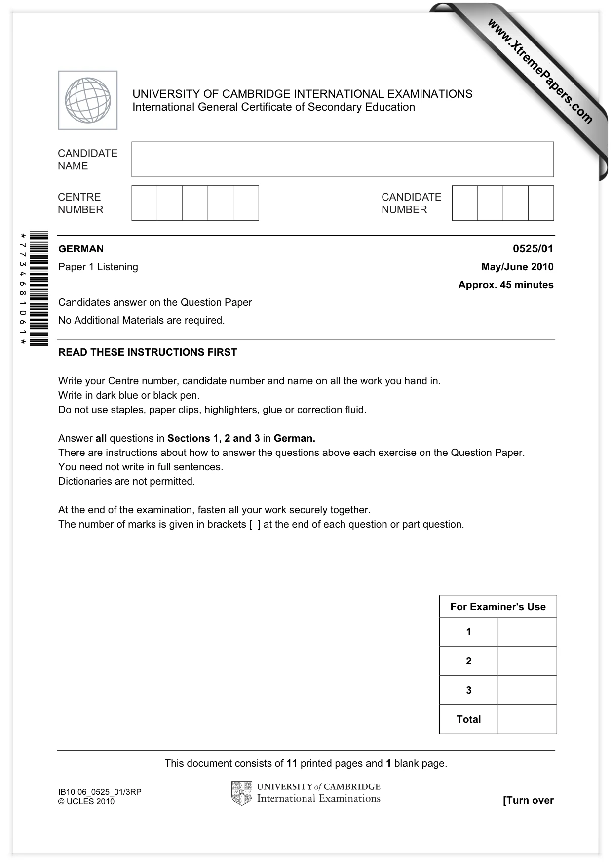 Cambridge IGCSE German - Foreign Language 0525 2010 May/June Paper 1 · Variant 1 question paper, page 1 of 12