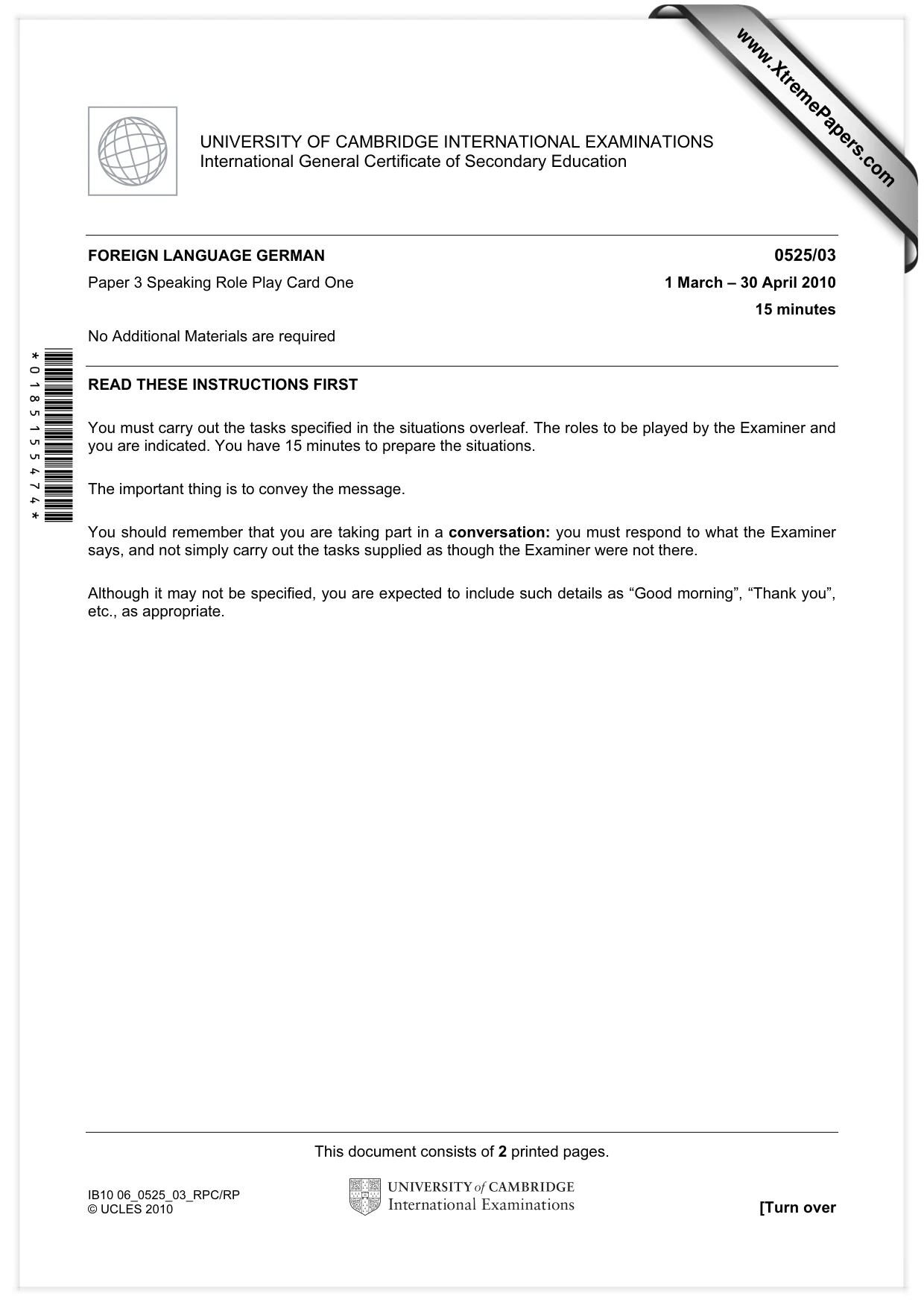 Cambridge IGCSE German - Foreign Language 0525 2010 May/June Paper 3 · Variant 1 question paper, page 1 of 18
