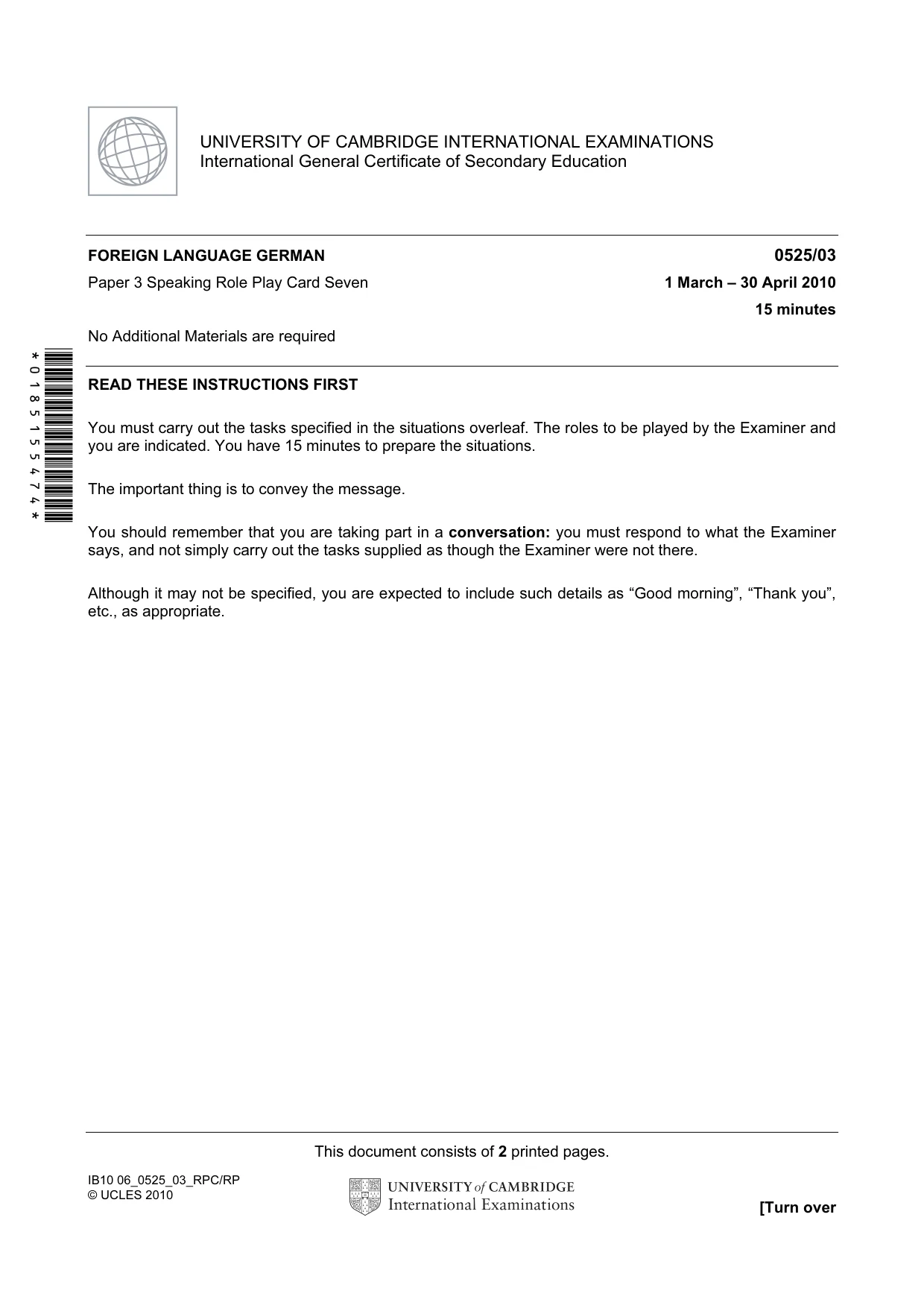Cambridge IGCSE German - Foreign Language 0525 2010 May/June Paper 3 · Variant 1 question paper, page 13 of 18