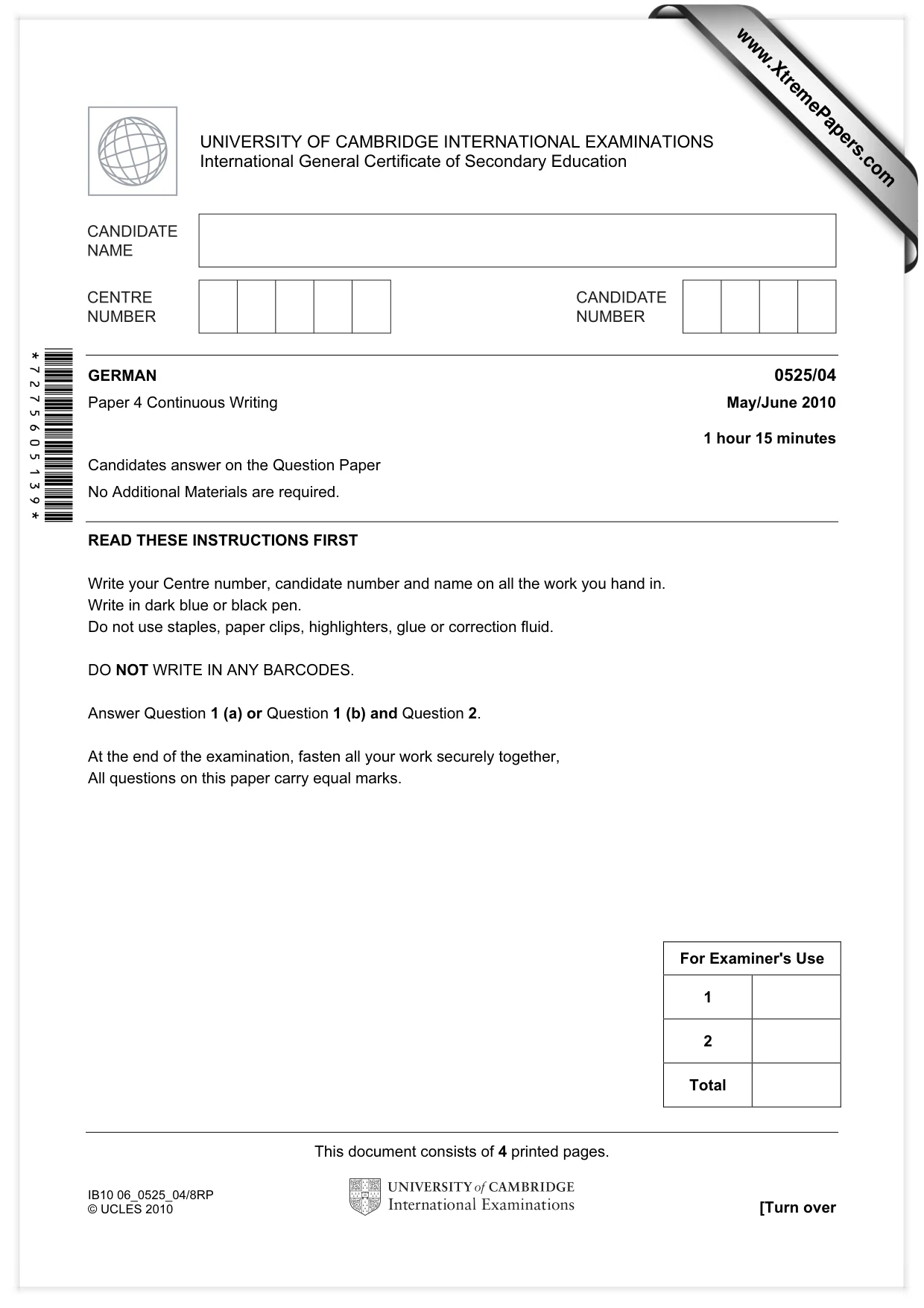 Cambridge IGCSE German - Foreign Language 0525 2010 May/June Paper 4 · Variant 1 question paper, page 1 of 4