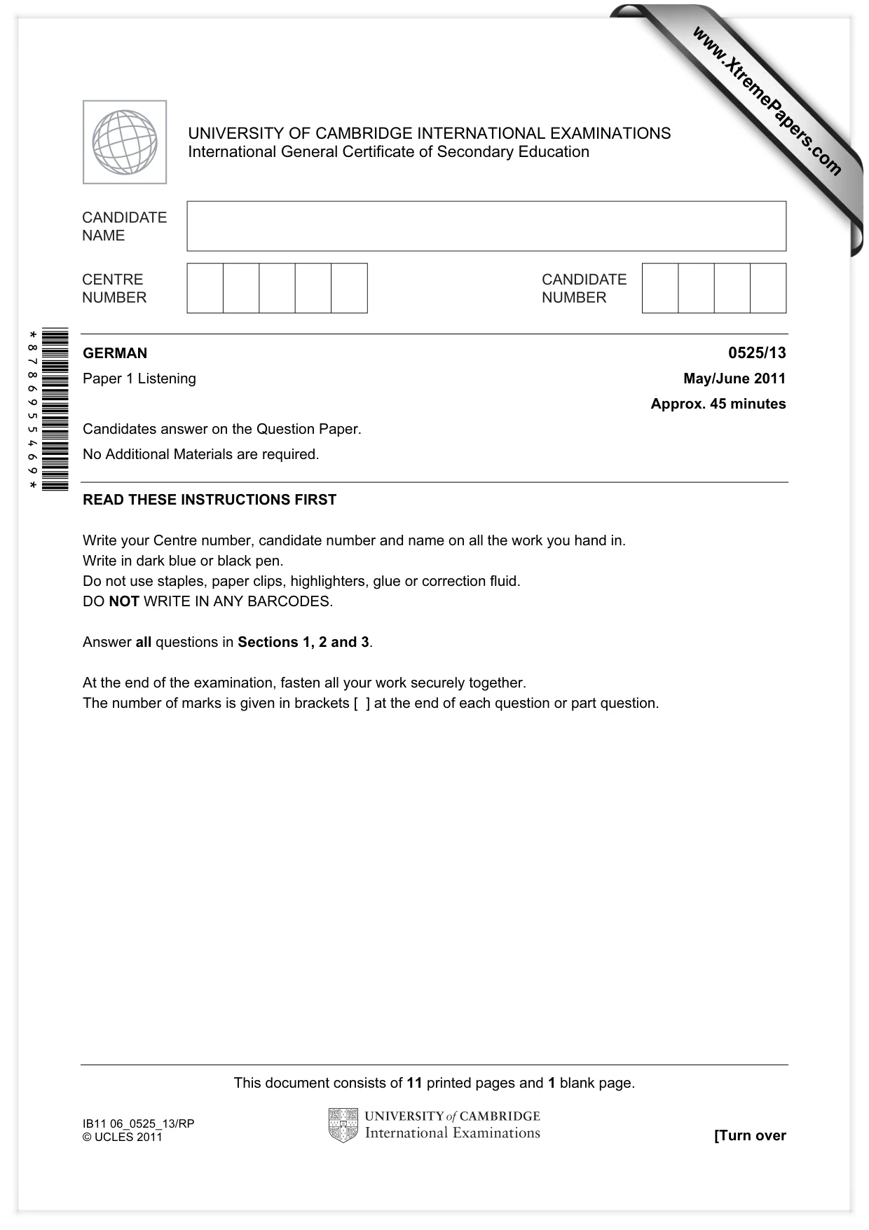 Cambridge IGCSE German - Foreign Language 0525 2011 May/June Paper 1 · Variant 3 question paper, page 1 of 12