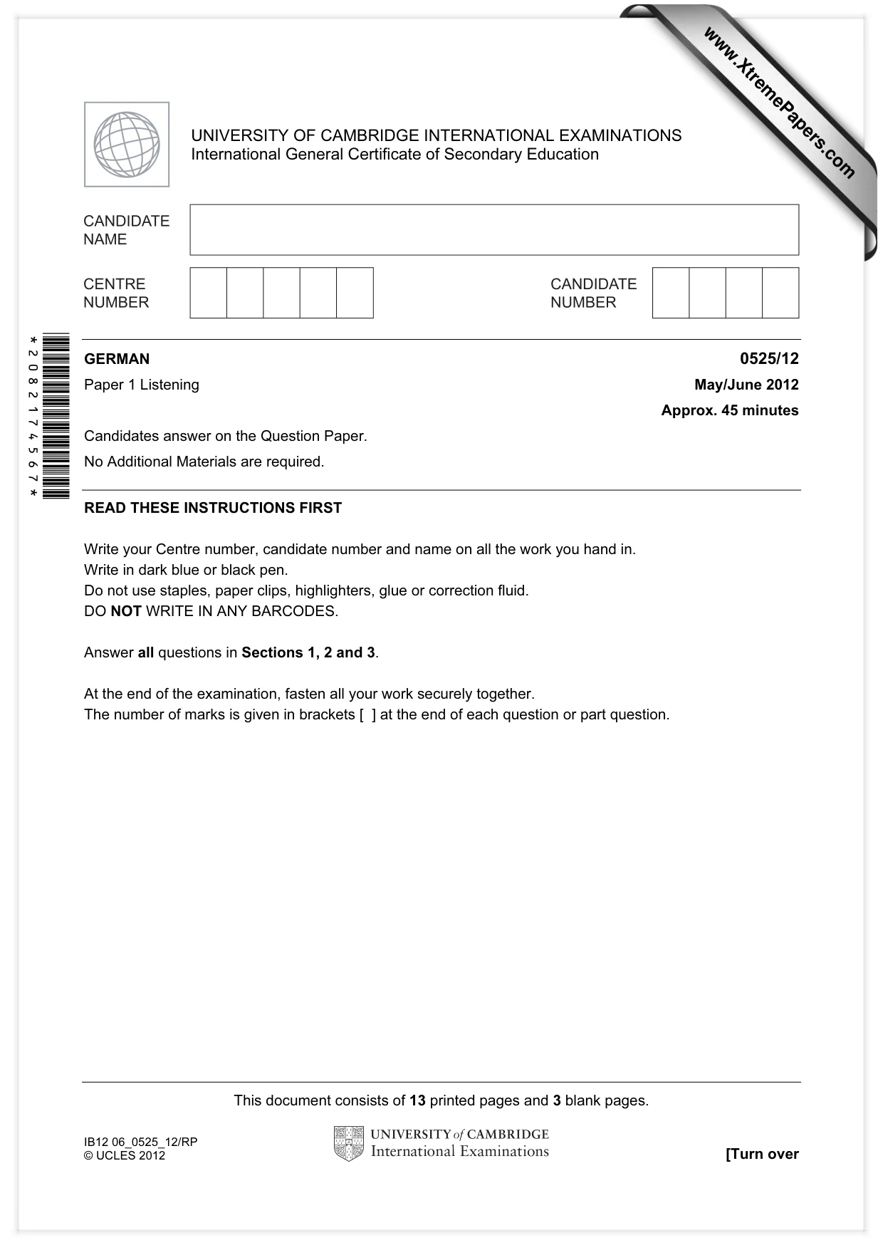 Cambridge IGCSE German - Foreign Language 0525 2012 May/June Paper 1 · Variant 2 question paper, page 1 of 17