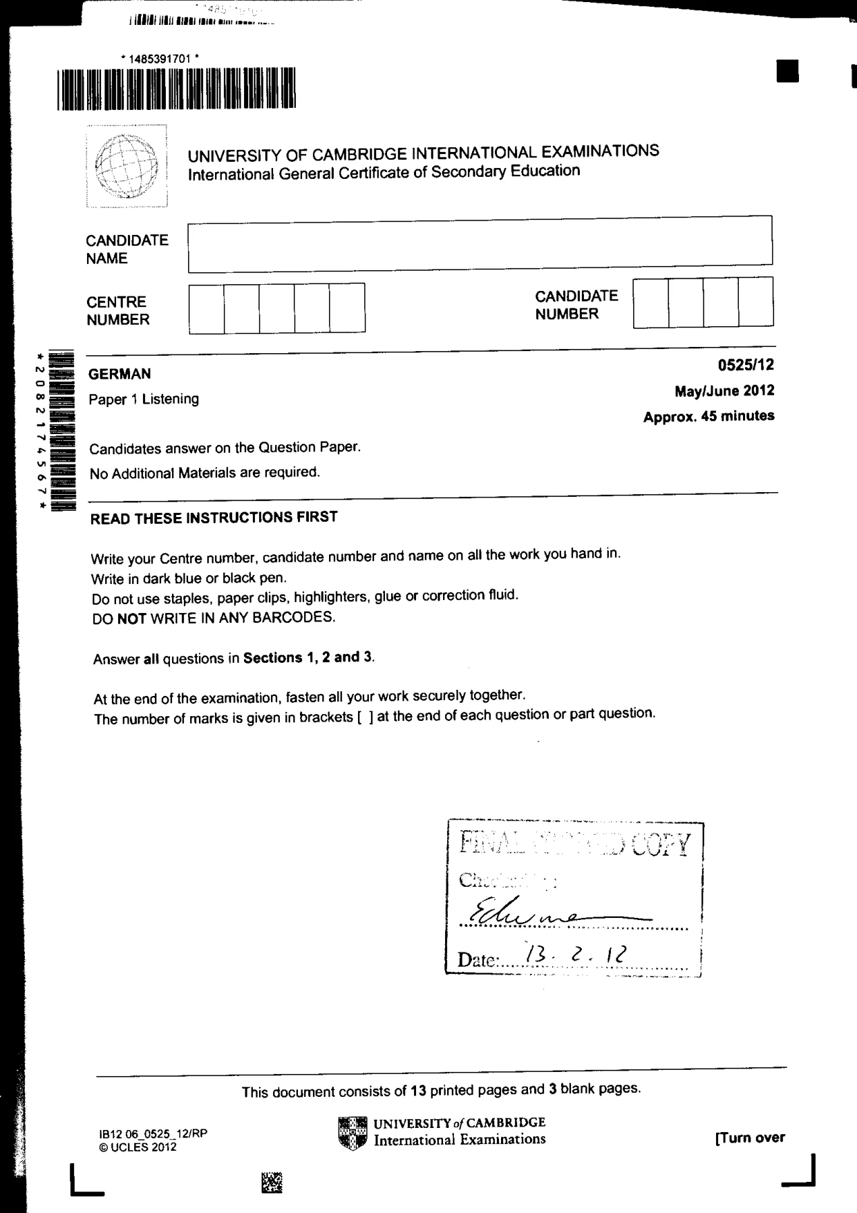 Cambridge IGCSE German - Foreign Language 0525 2012 May/June Paper 1 · Variant 2 question paper, page 17 of 17