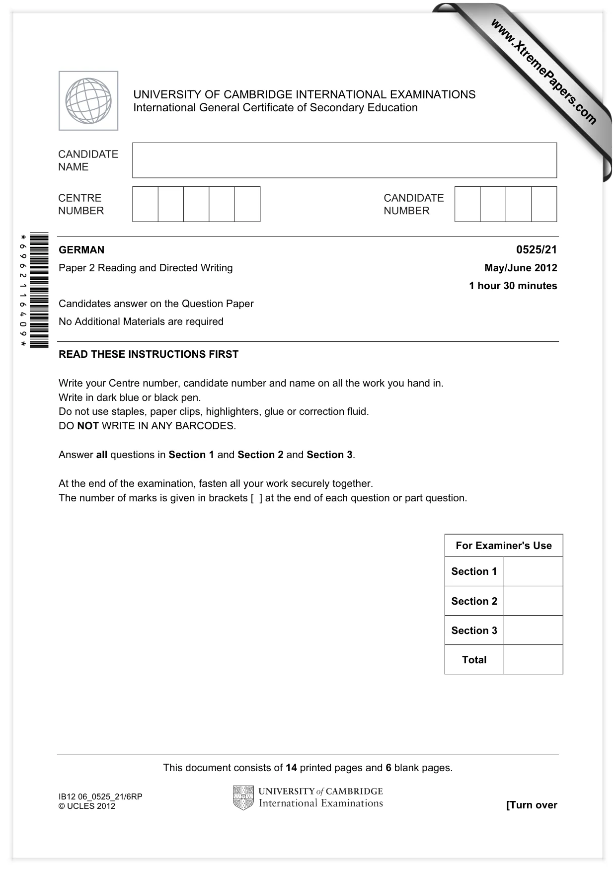 Cambridge IGCSE German - Foreign Language 0525 2012 May/June Paper 2 · Variant 1 question paper, page 1 of 20