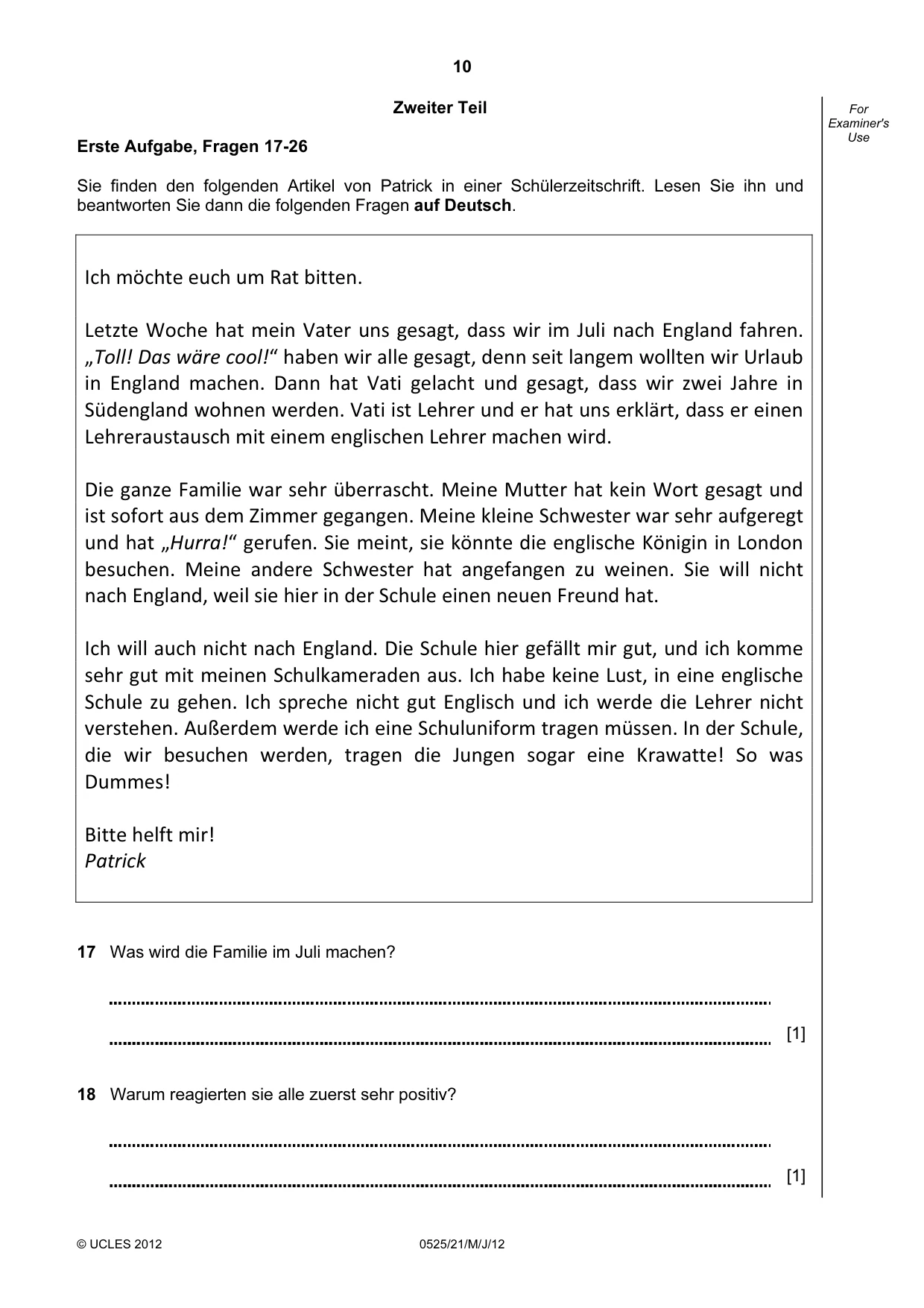 Cambridge IGCSE German - Foreign Language 0525 2012 May/June Paper 2 · Variant 1 question paper, page 10 of 20