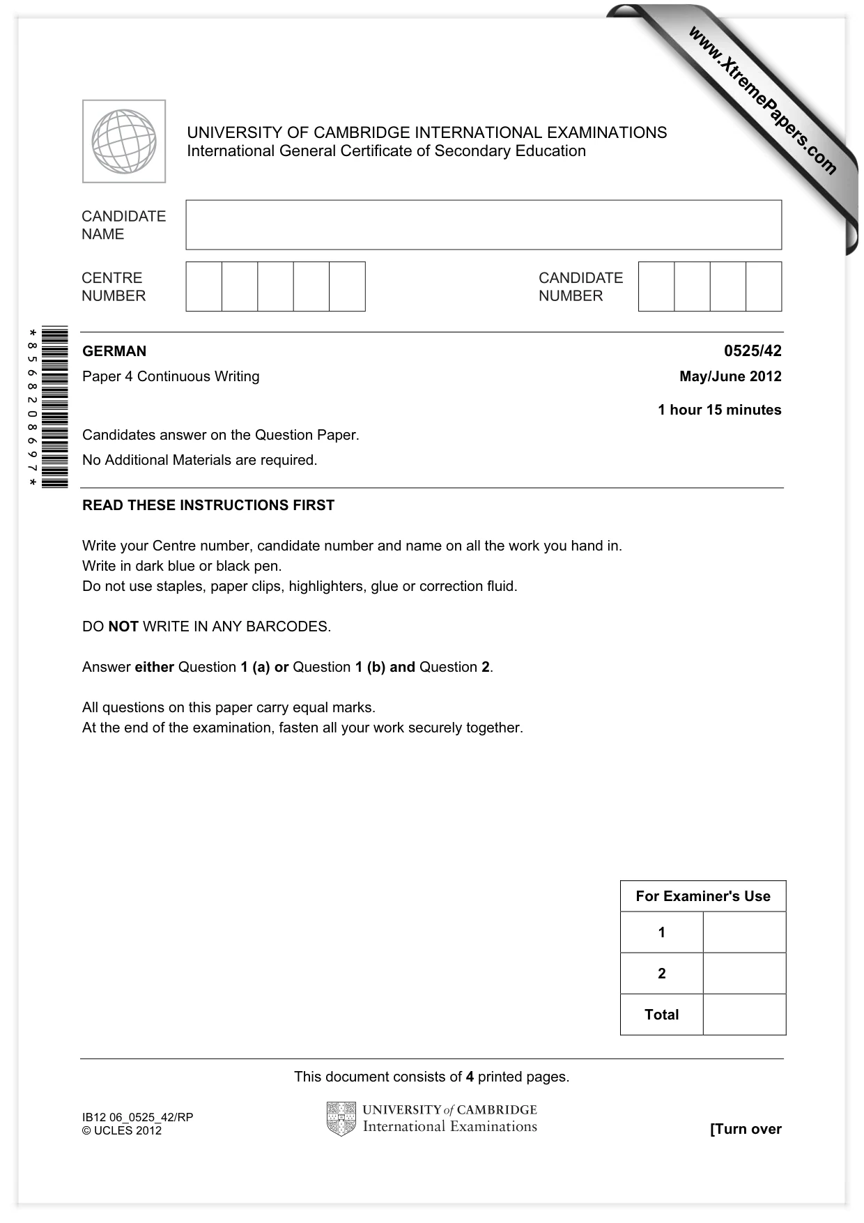 Cambridge IGCSE German - Foreign Language 0525 2012 May/June Paper 4 · Variant 2 question paper, page 1 of 4