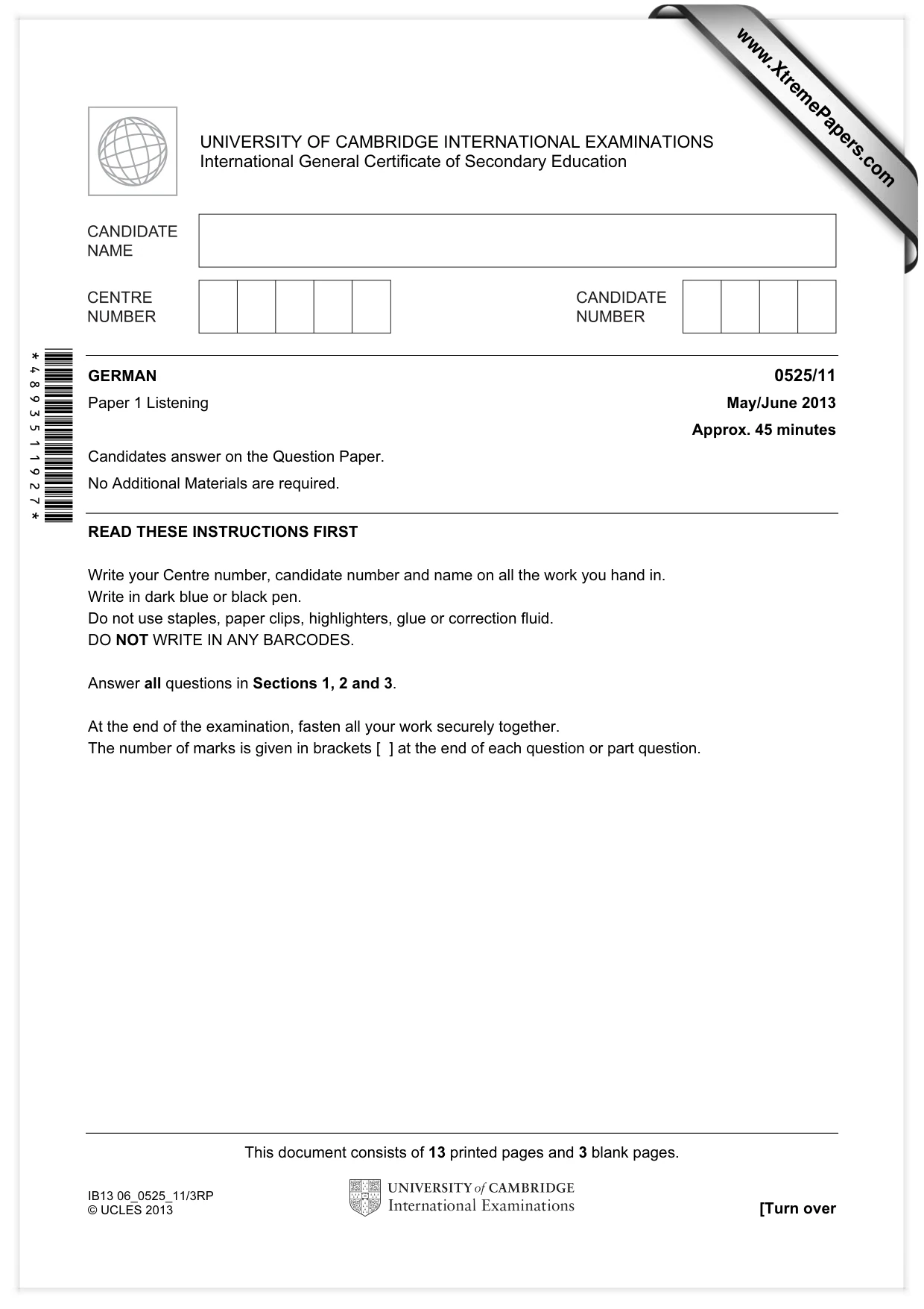 Cambridge IGCSE German - Foreign Language 0525 2013 May/June Paper 1 · Variant 1 question paper, page 1 of 16