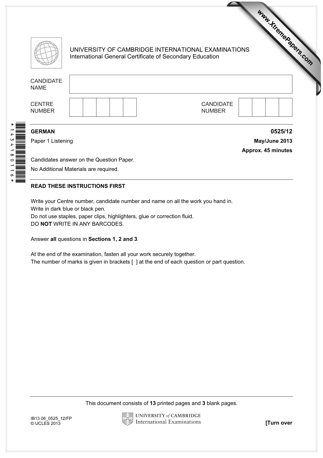 Cambridge IGCSE German - Foreign Language 0525 2013 May/June Paper 1 · Variant 2 question paper, page 1 of 16