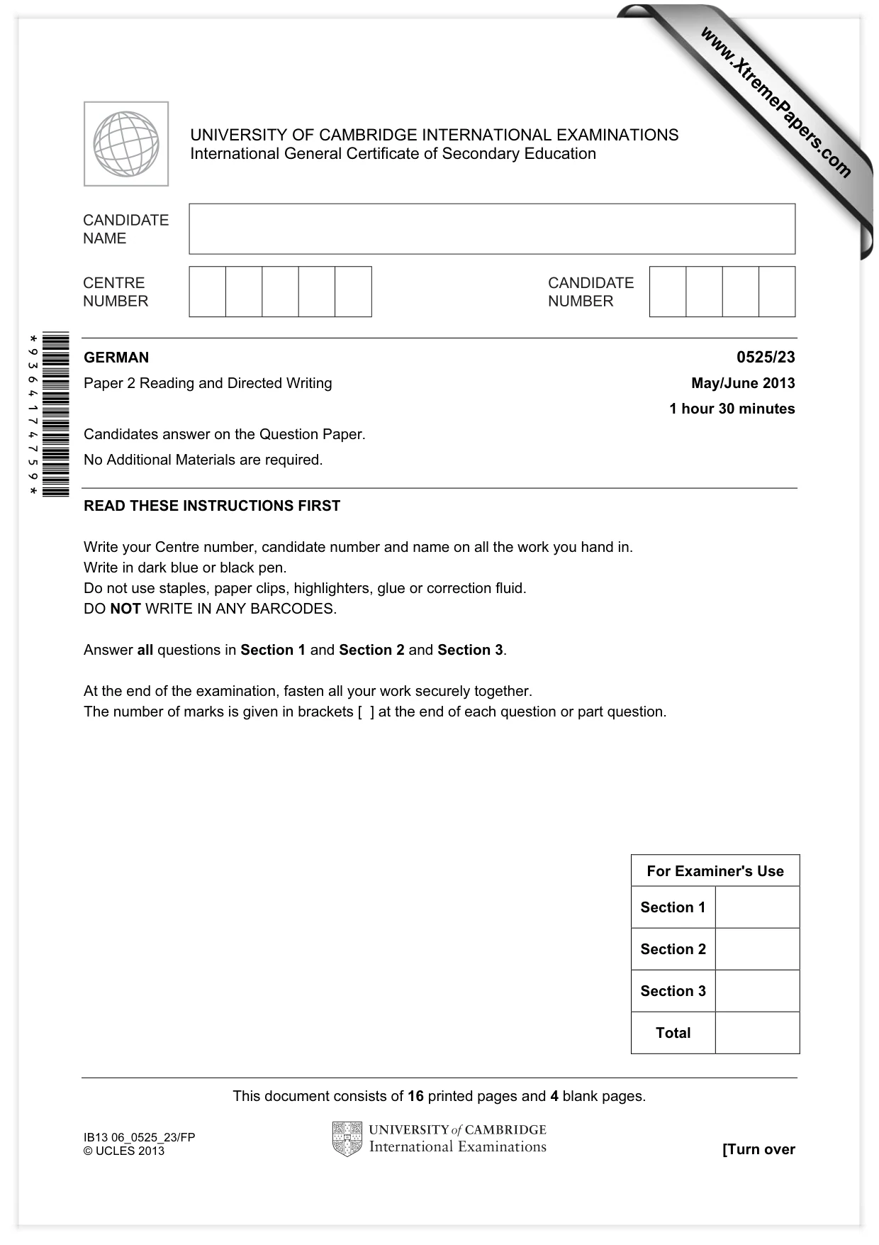 Cambridge IGCSE German - Foreign Language 0525 2013 May/June Paper 2 · Variant 3 question paper, page 1 of 20
