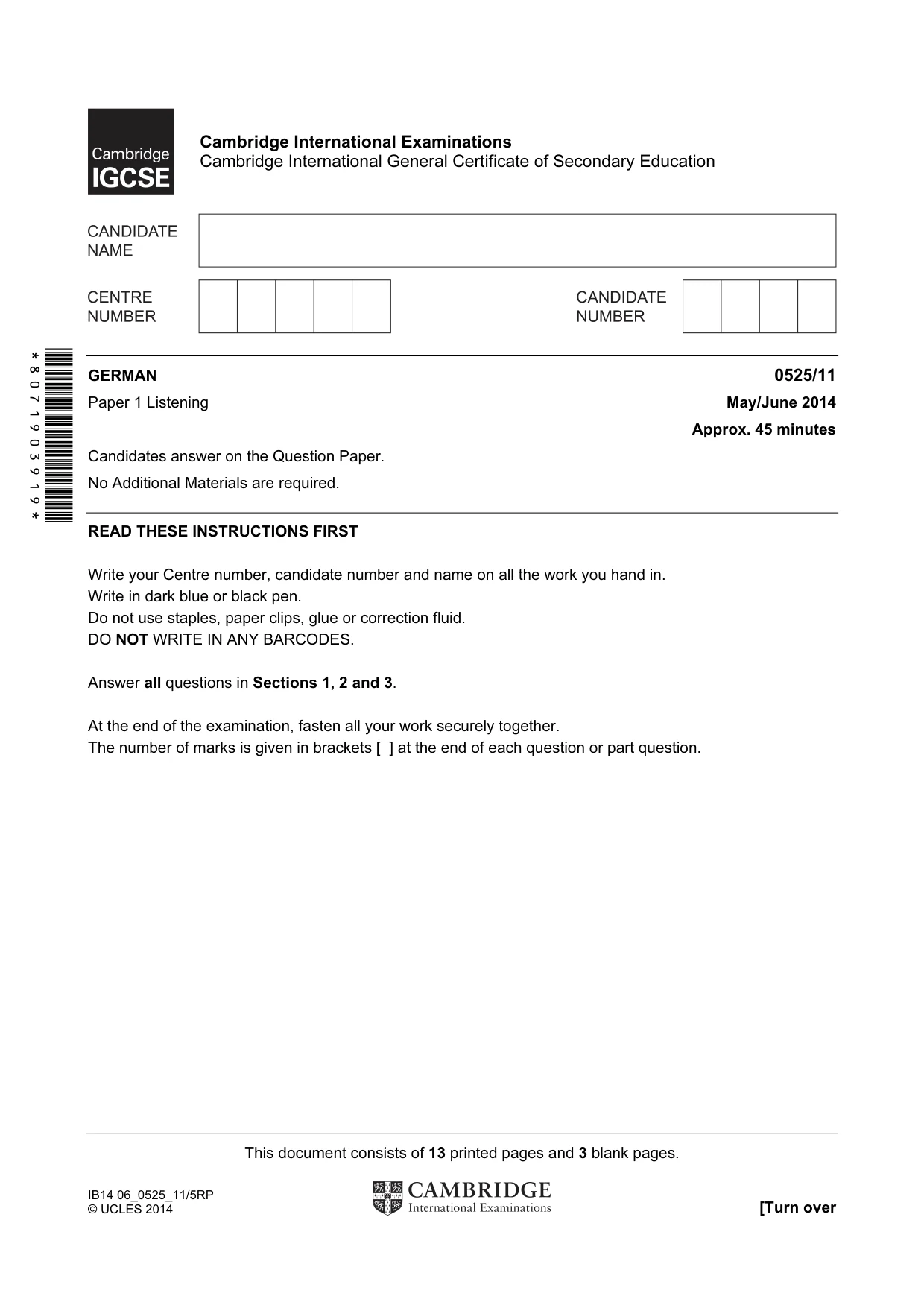 Cambridge IGCSE German - Foreign Language 0525 2014 May/June Paper 1 · Variant 1 question paper, page 1 of 16