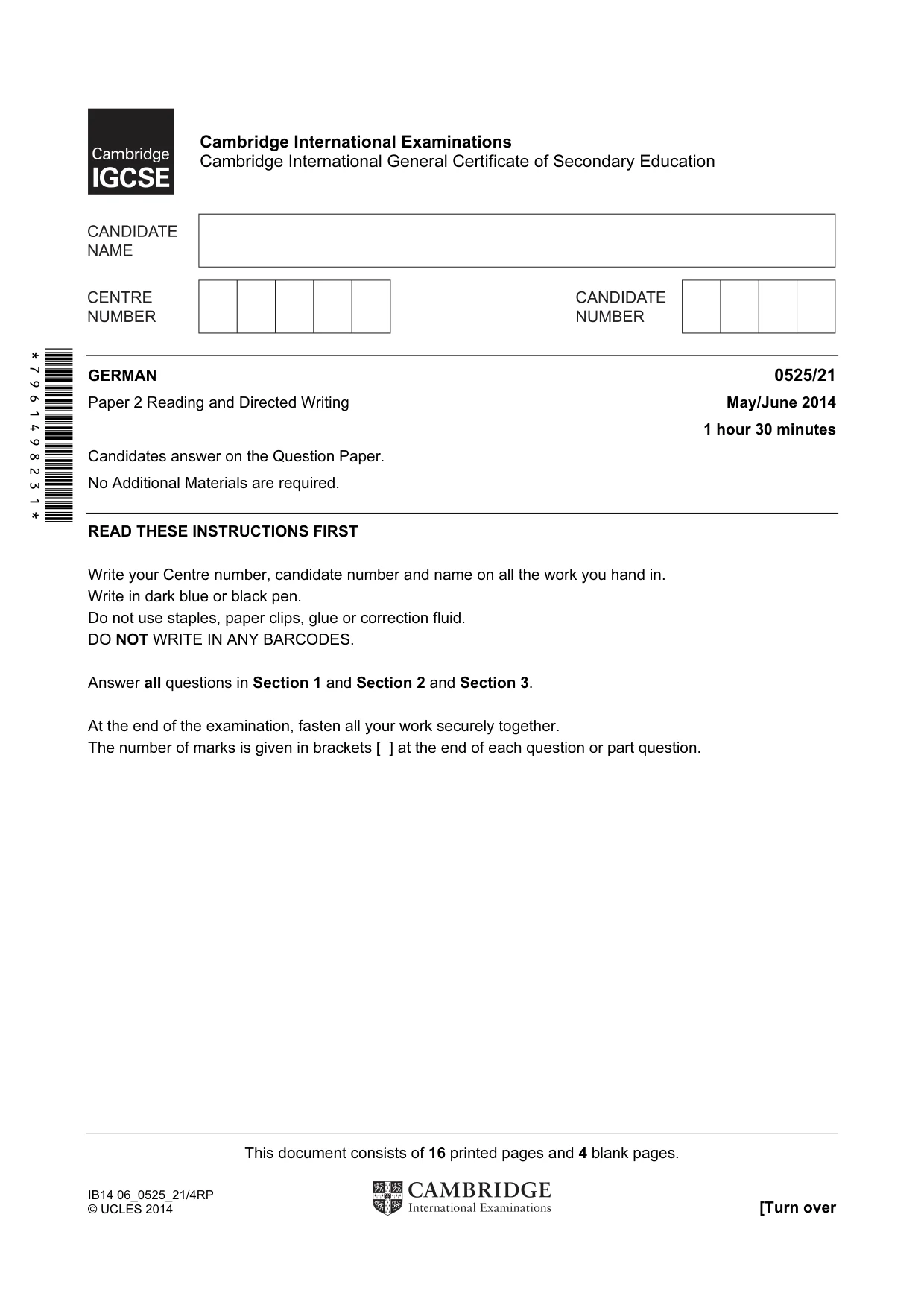 Cambridge IGCSE German - Foreign Language 0525 2014 May/June Paper 2 · Variant 1 question paper, page 1 of 20