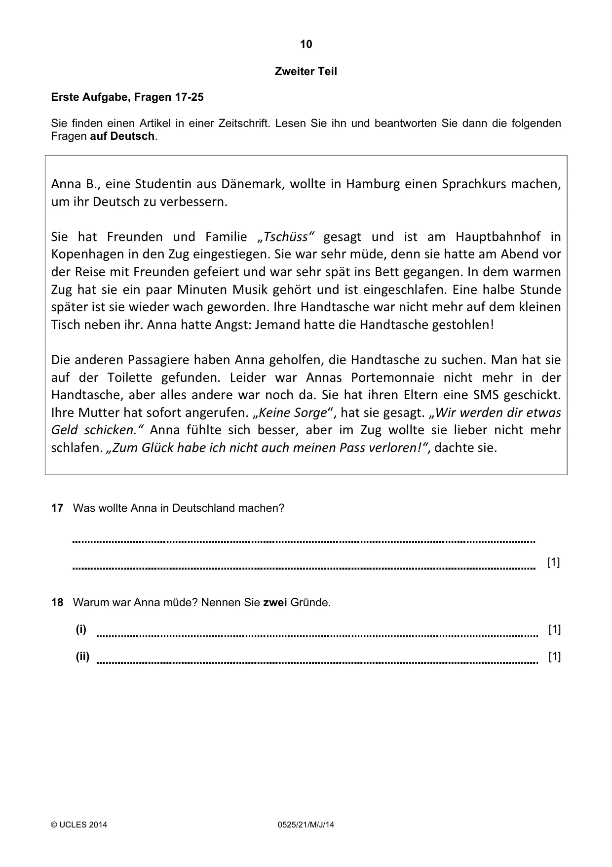 Cambridge IGCSE German - Foreign Language 0525 2014 May/June Paper 2 · Variant 1 question paper, page 10 of 20