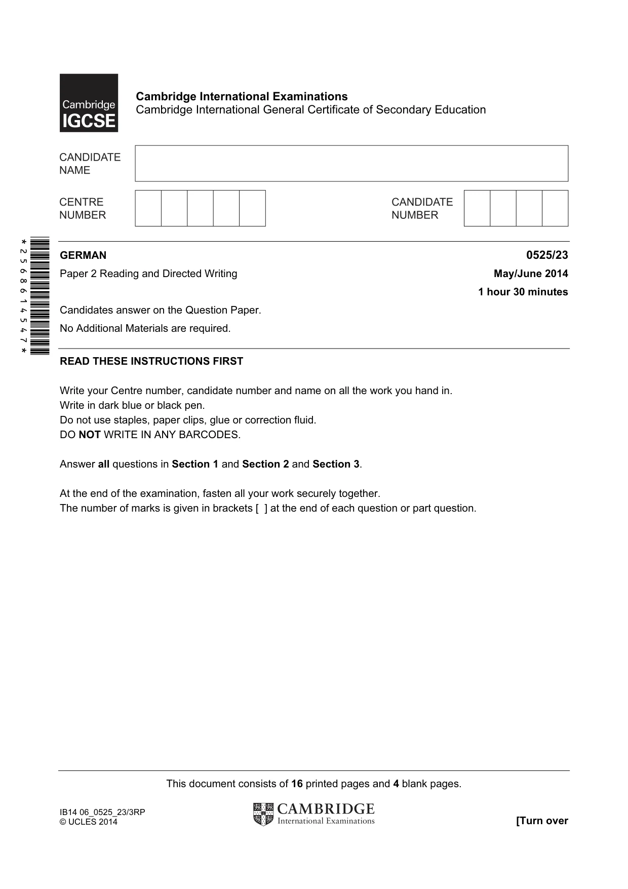 Cambridge IGCSE German - Foreign Language 0525 2014 May/June Paper 2 · Variant 3 question paper, page 1 of 20