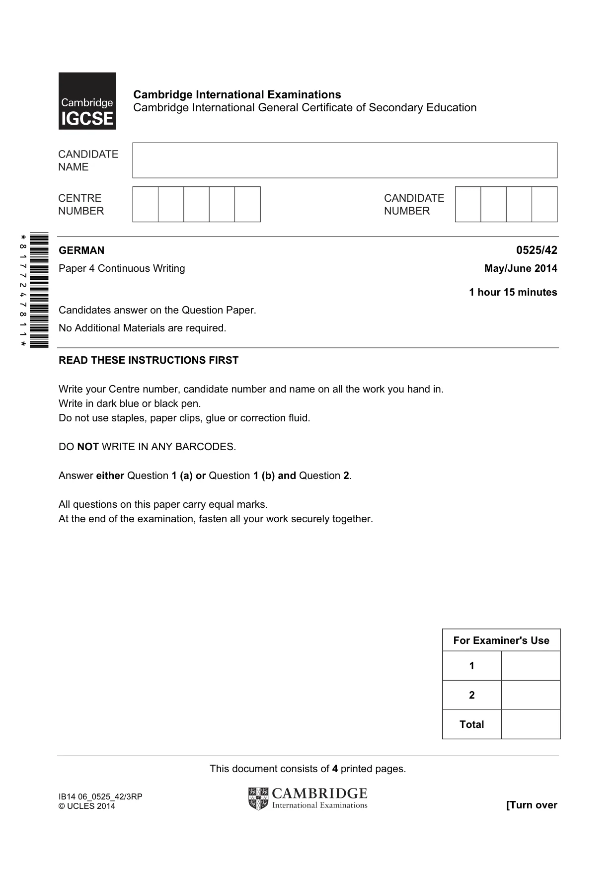 Cambridge IGCSE German - Foreign Language 0525 2014 May/June Paper 4 · Variant 2 question paper, page 1 of 4