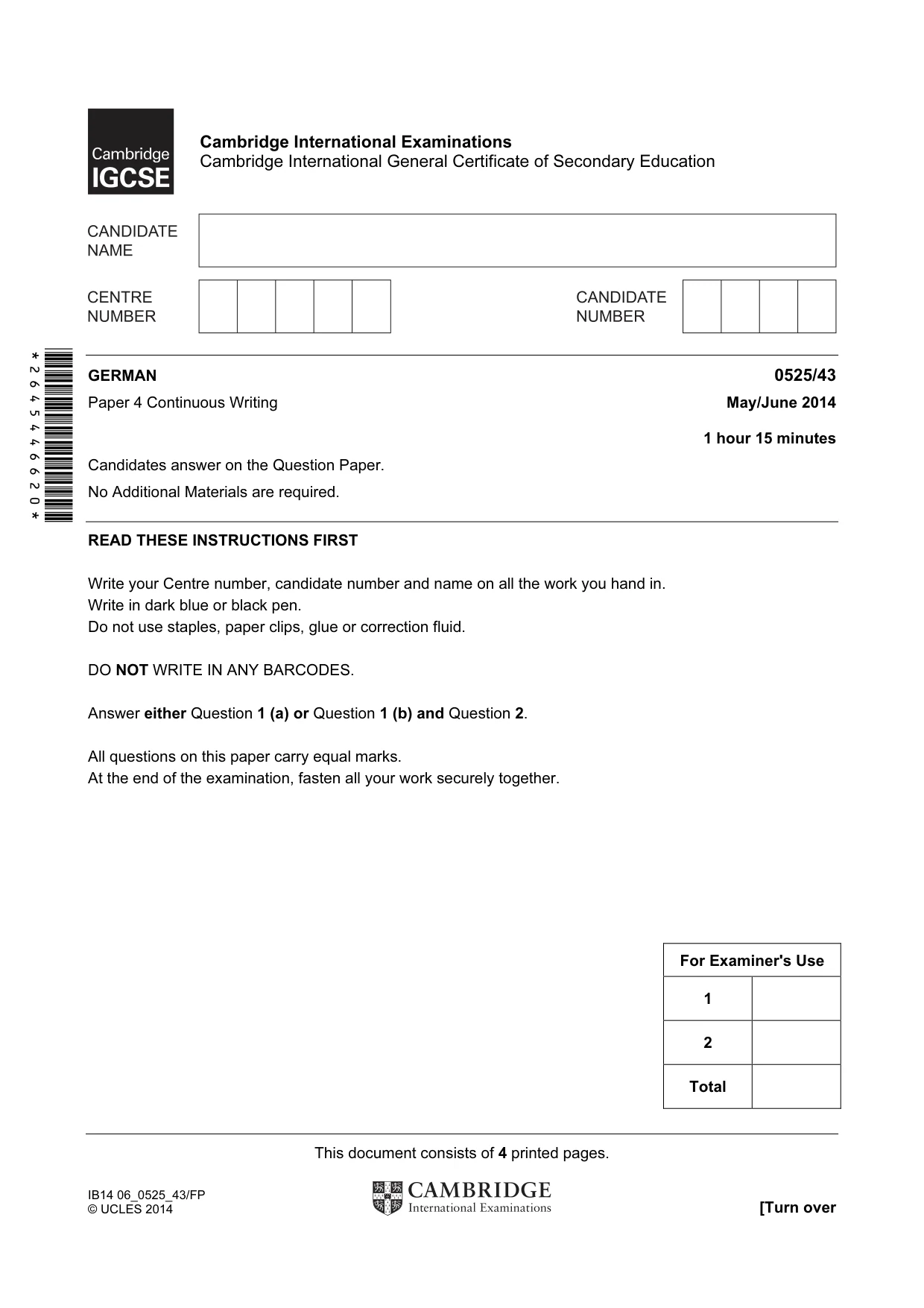 Cambridge IGCSE German - Foreign Language 0525 2014 May/June Paper 4 · Variant 3 question paper, page 1 of 4